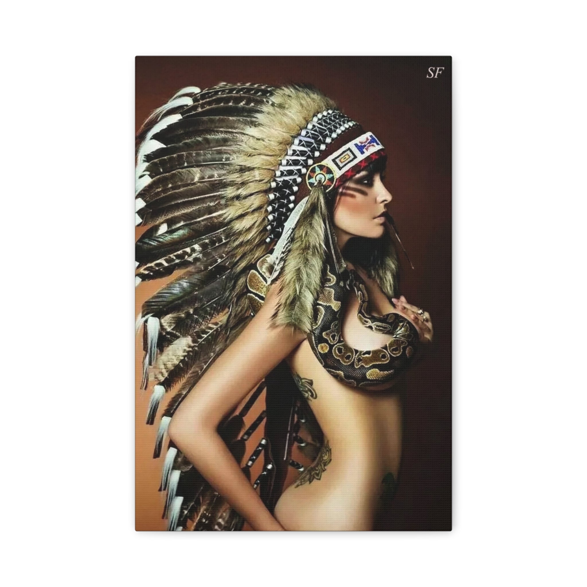 Bohemian Headdress Canvas Print — Native-Inspired Woman with Snake Wall Art 
