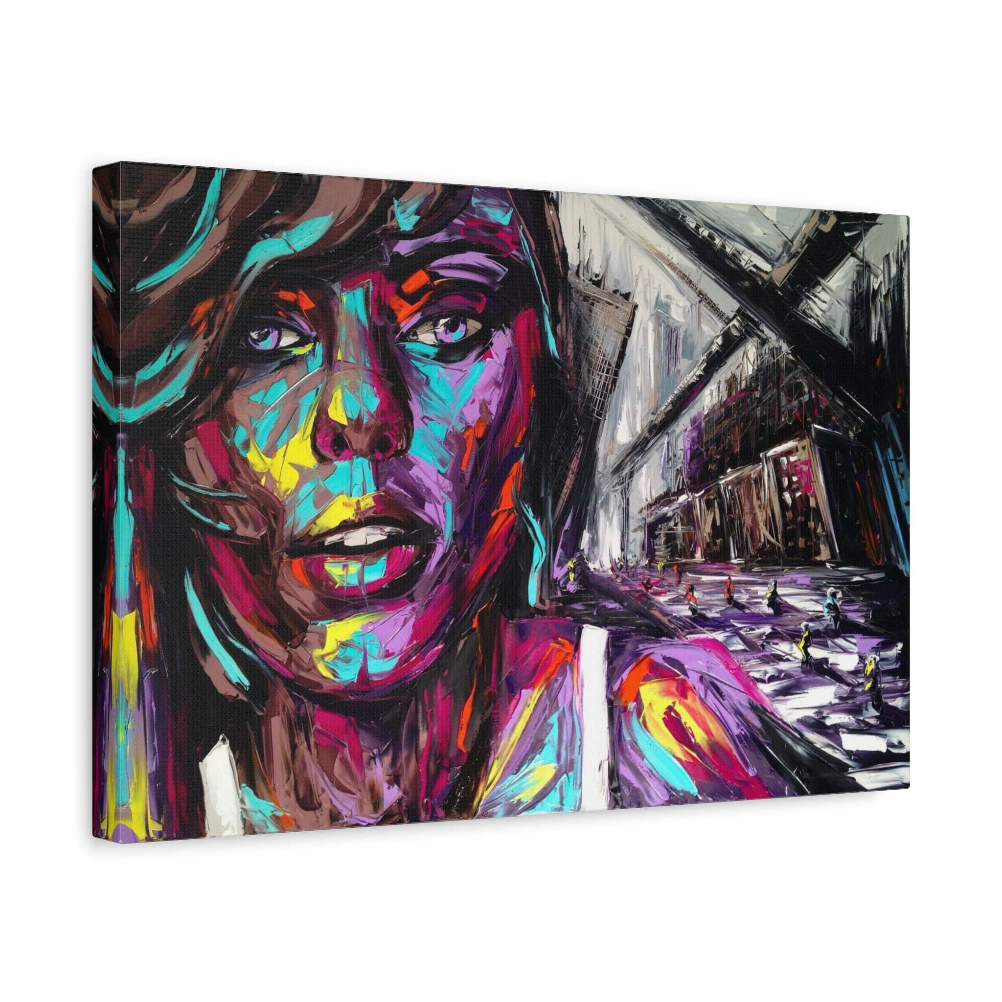 Colorful Woman Portrait Canvas Print — Vibrant Abstract Urban Art 