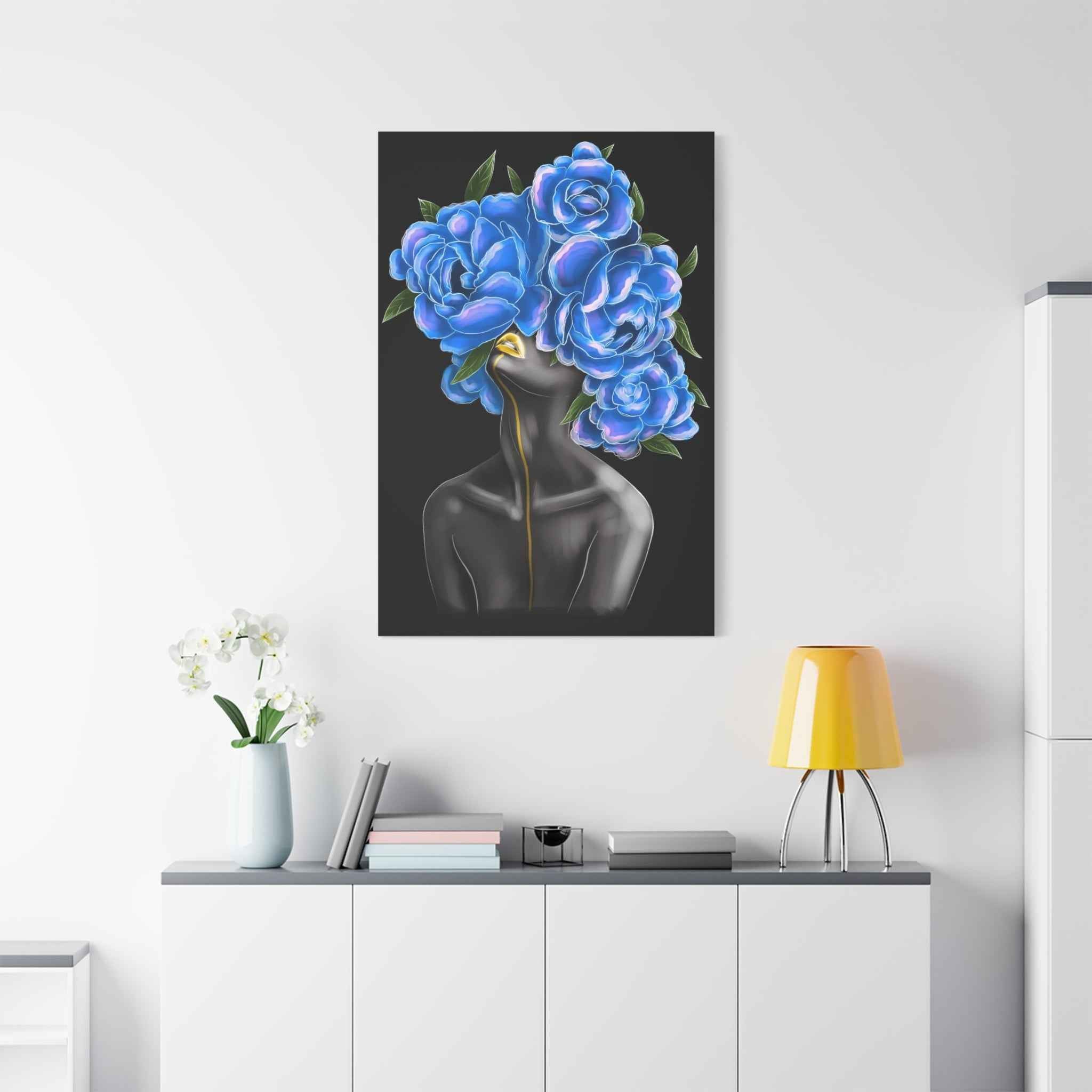 Blue Floral Woman Canvas Wall Art – Abstract Female Portrait,