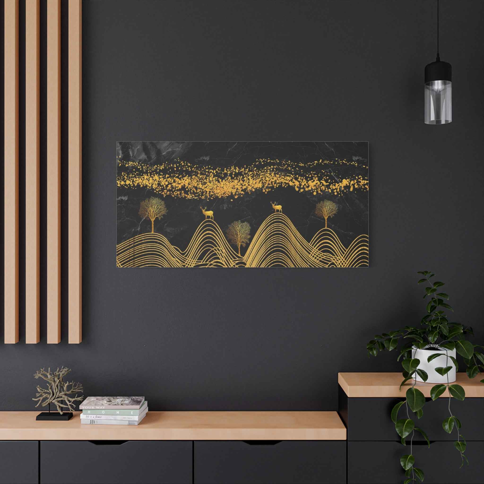 Black & Gold Abstract Canvas Wall Art – Luxury Modern Landscape Painting for Living Room Decor