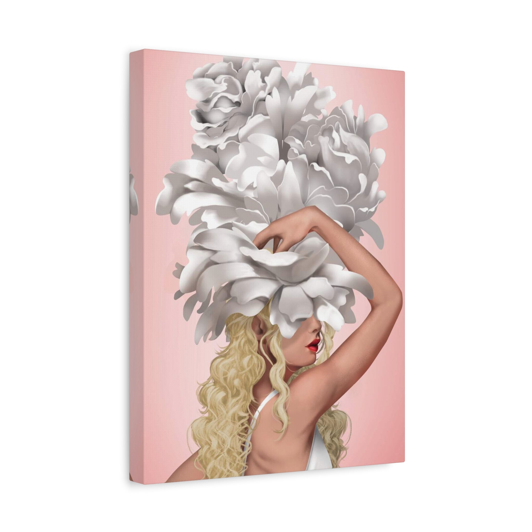 Blushing Muse Floral Canvas Print — Woman with Oversized White Peony Hat 