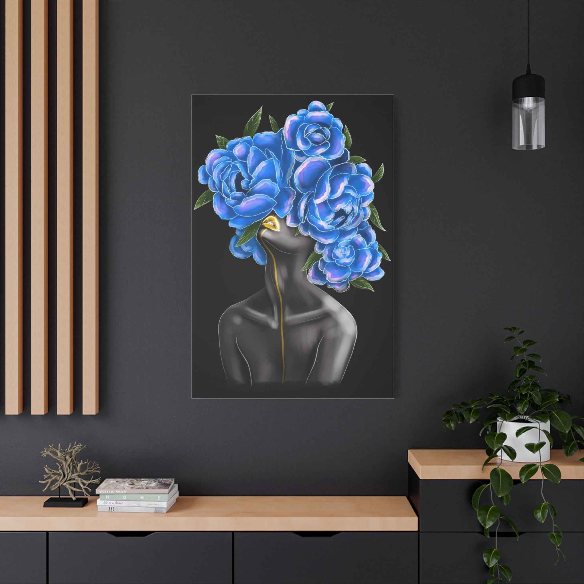 Blue Floral Woman Canvas Wall Art – Abstract Female Portrait,