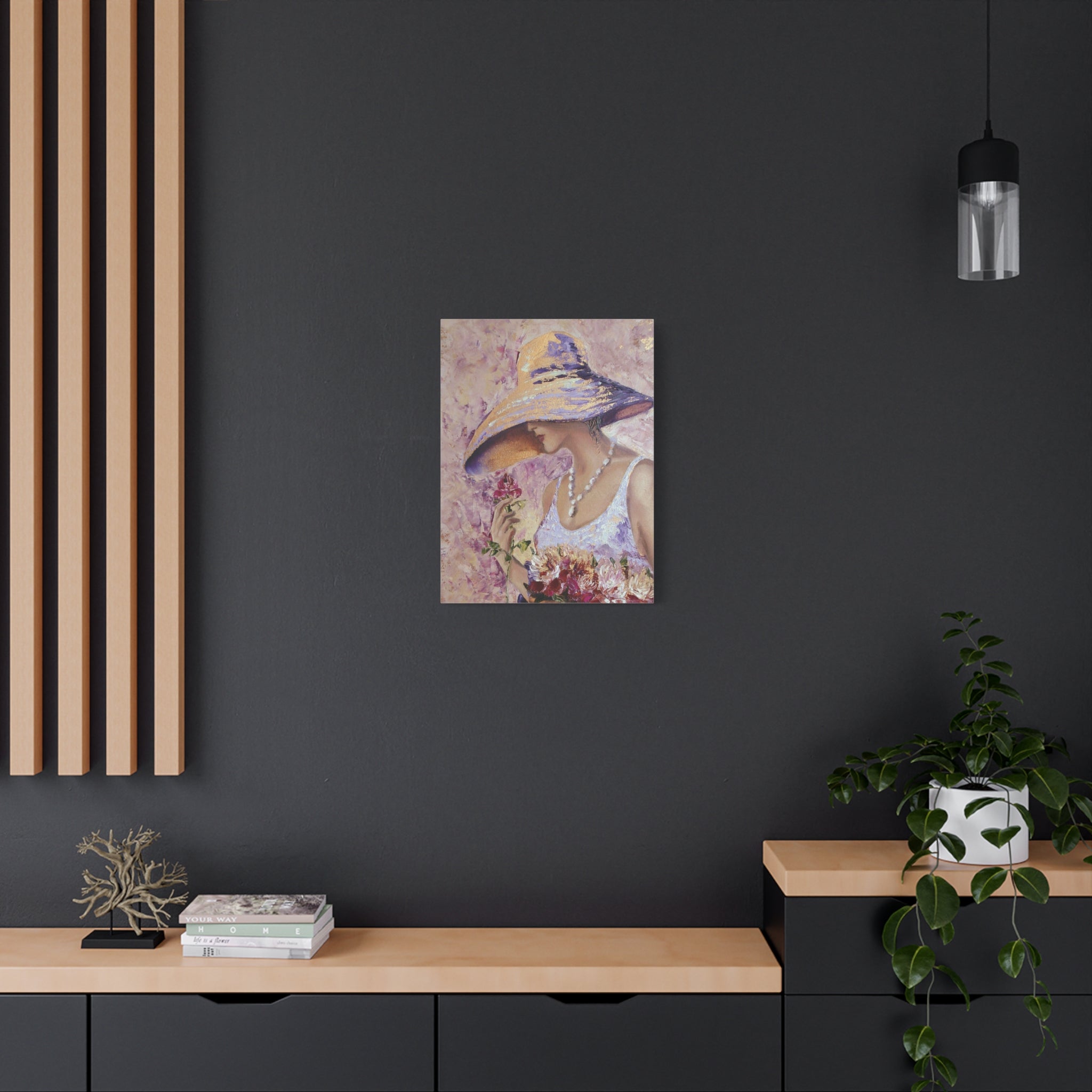 Floral Wall Art - Lady in Wide Brim Hat on Matte Stretched Canvas - TheKaraHan