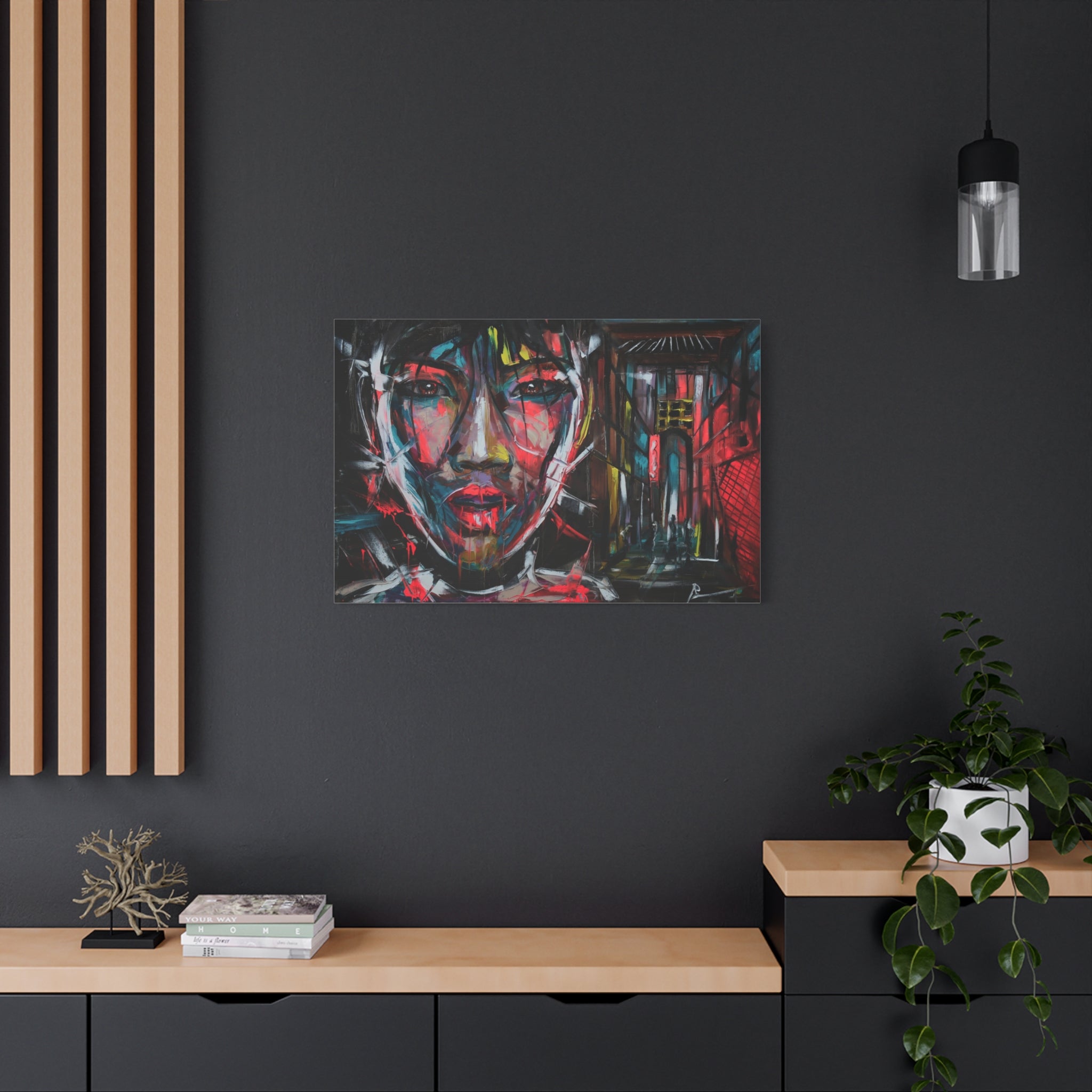 Abstract Neon Portrait Canvas — Urban Asian Street Art Matte Stretched Wall Art 