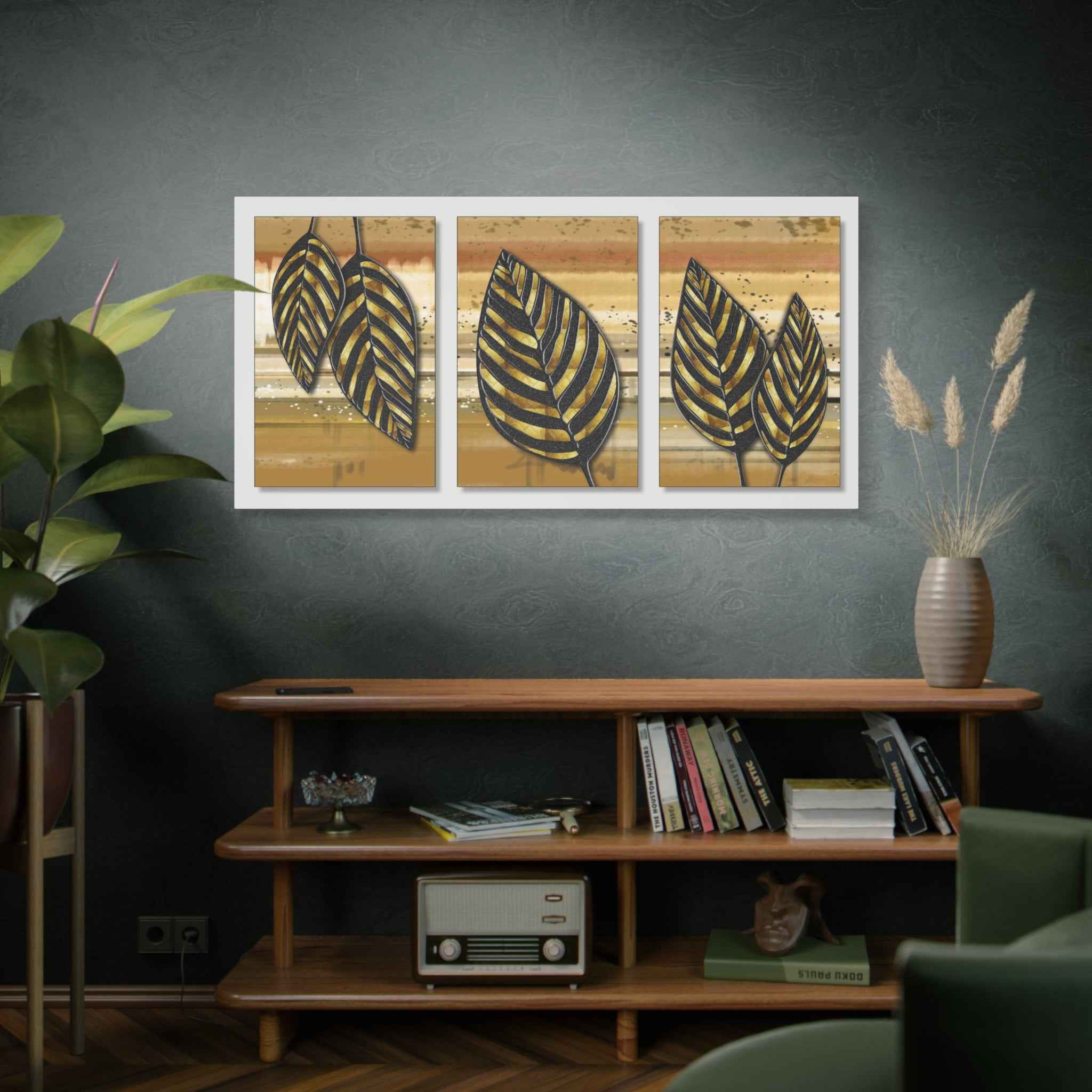 Golden Black Botanical Leaf Triptych Canvas Wall Art – Luxury Wall Decor