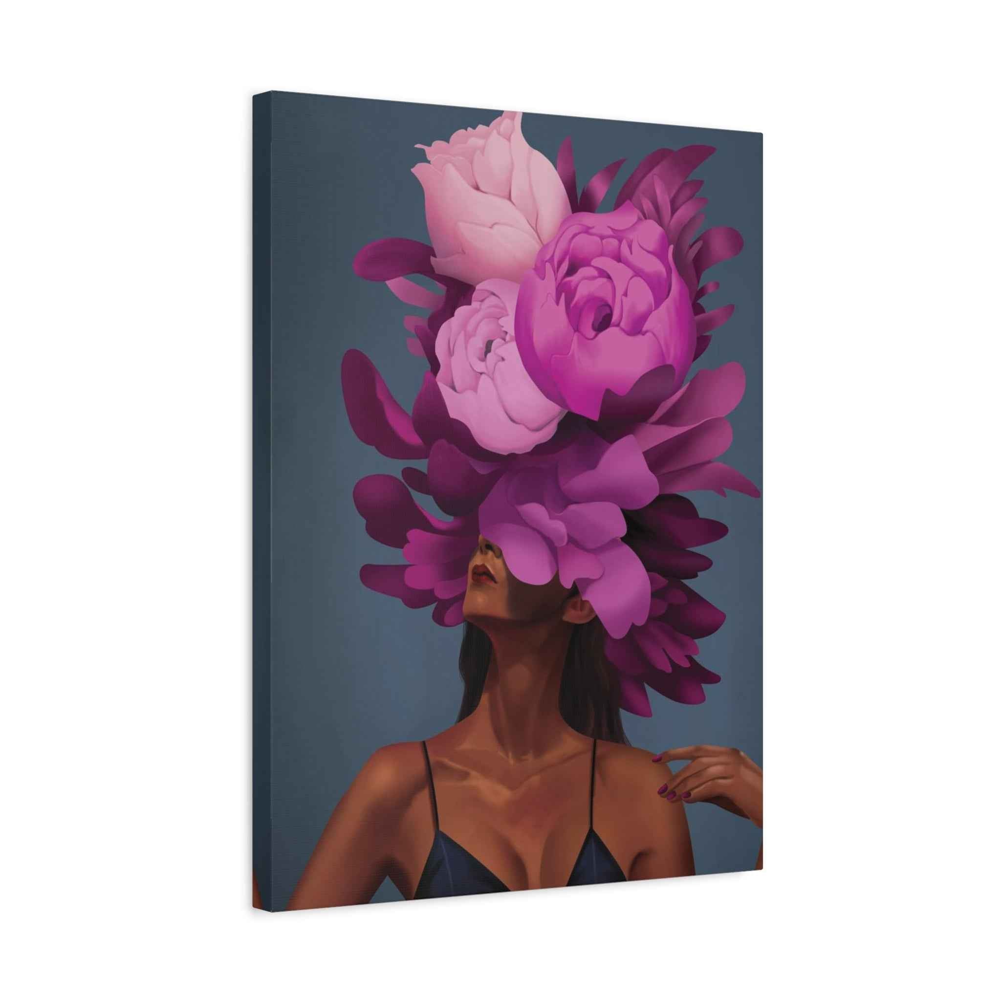 Floral Portrait Canvas Print — Woman with Oversized Pink Peony Hat (Matte Stretched) - TheKaraHan
