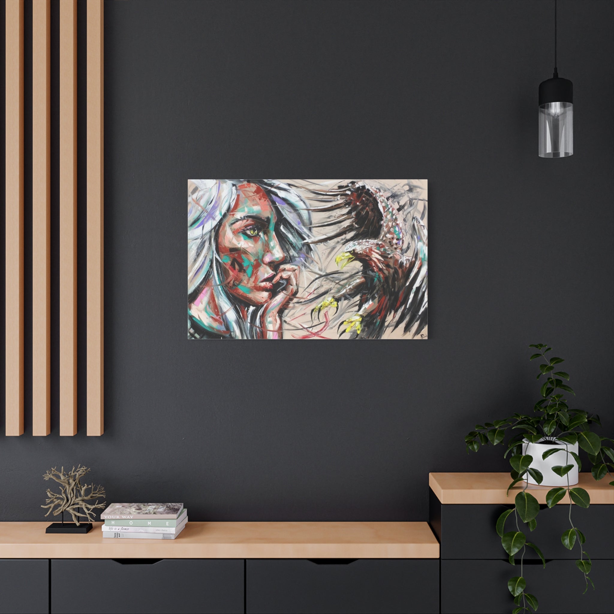 Abstract Woman & Eagle Matte Stretched Canvas Art — Contemporary Tribal Portrait Wall Decor 