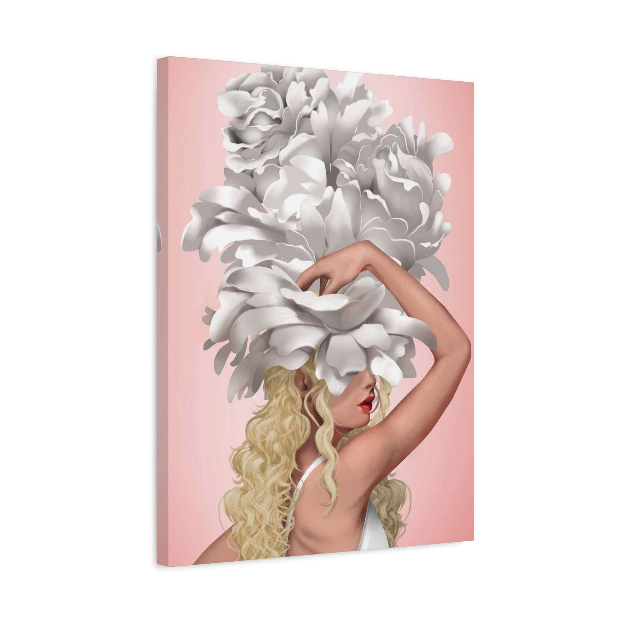 Blushing Muse Floral Canvas Print — Woman with Oversized White Peony Hat 