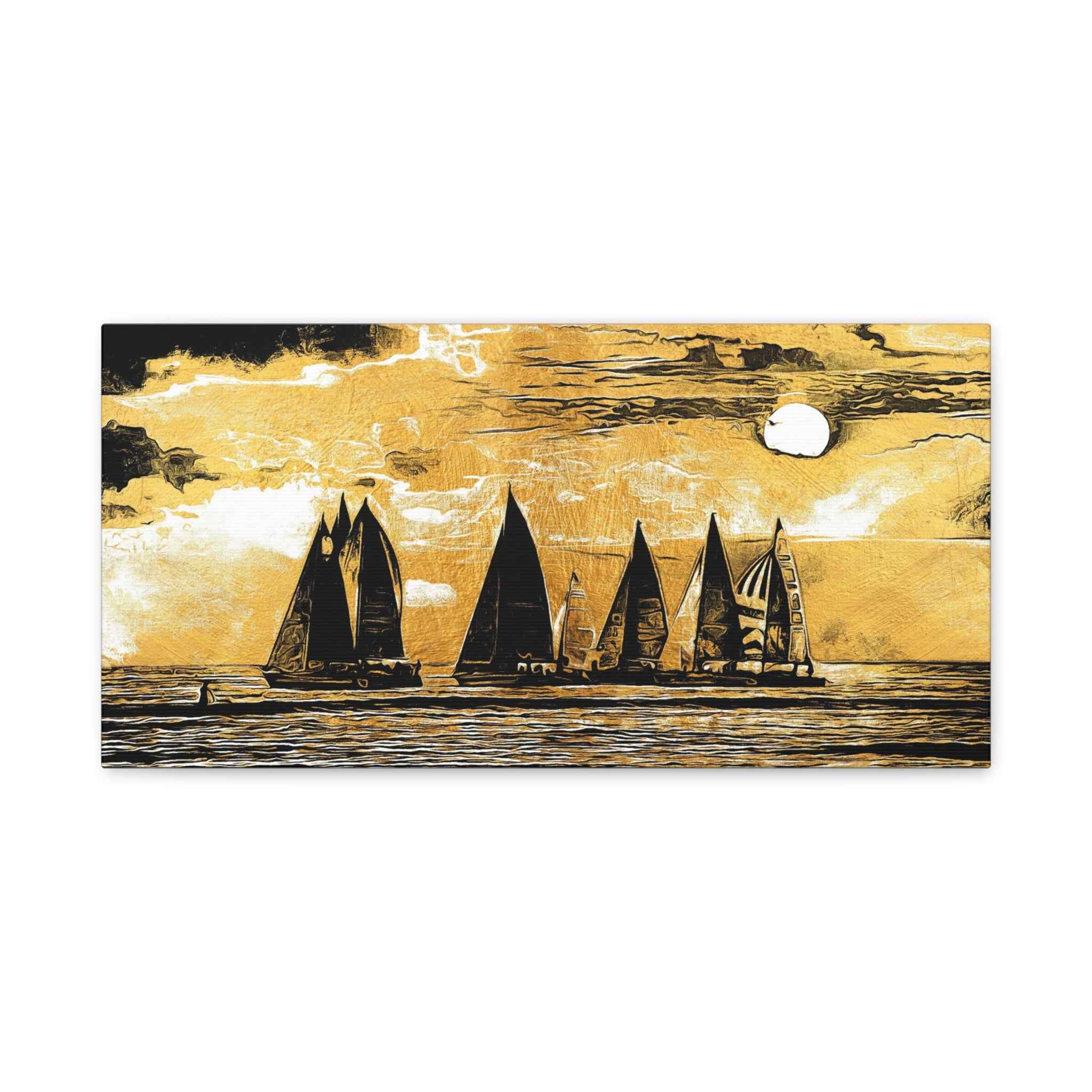 Golden Sailboat Wall Art Canvas – Vintage Ocean Landscape Luxury Nautical Artwork
