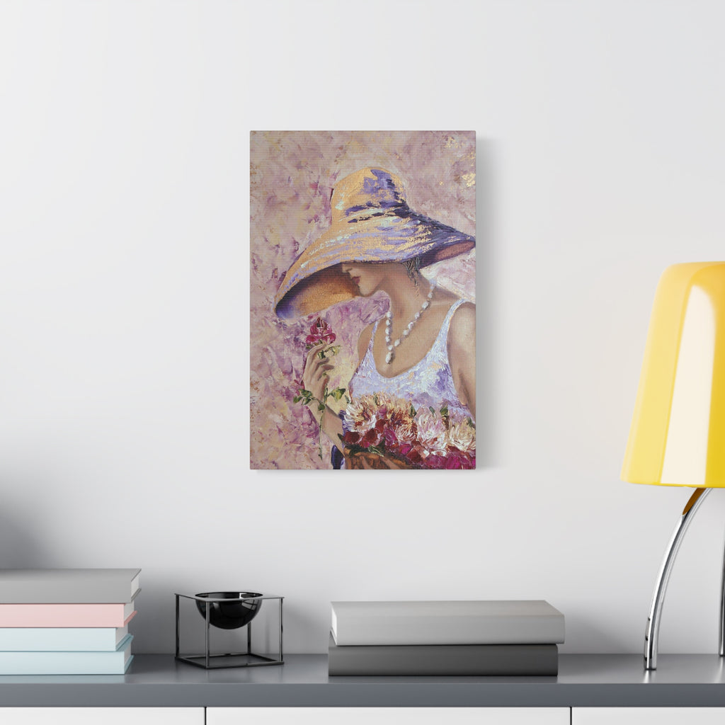 Floral Wall Art - Lady in Wide Brim Hat on Matte Stretched Canvas - TheKaraHan