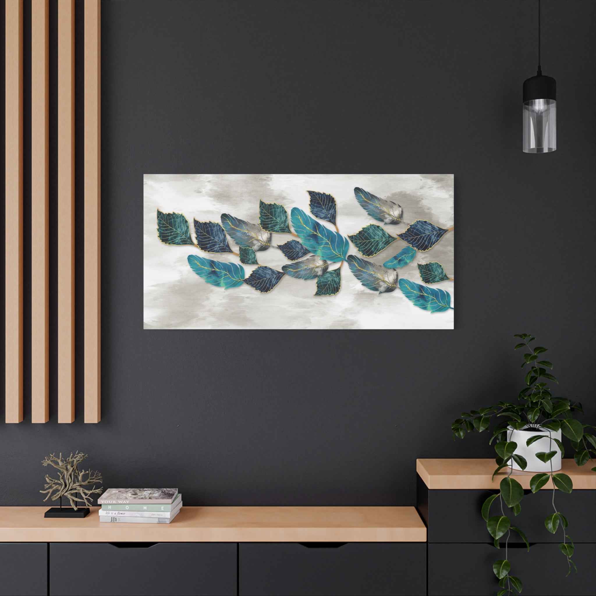 Teal Botanical Leaf Wall Art Canvas – Modern Blue & Gold Nature Abstract Decor