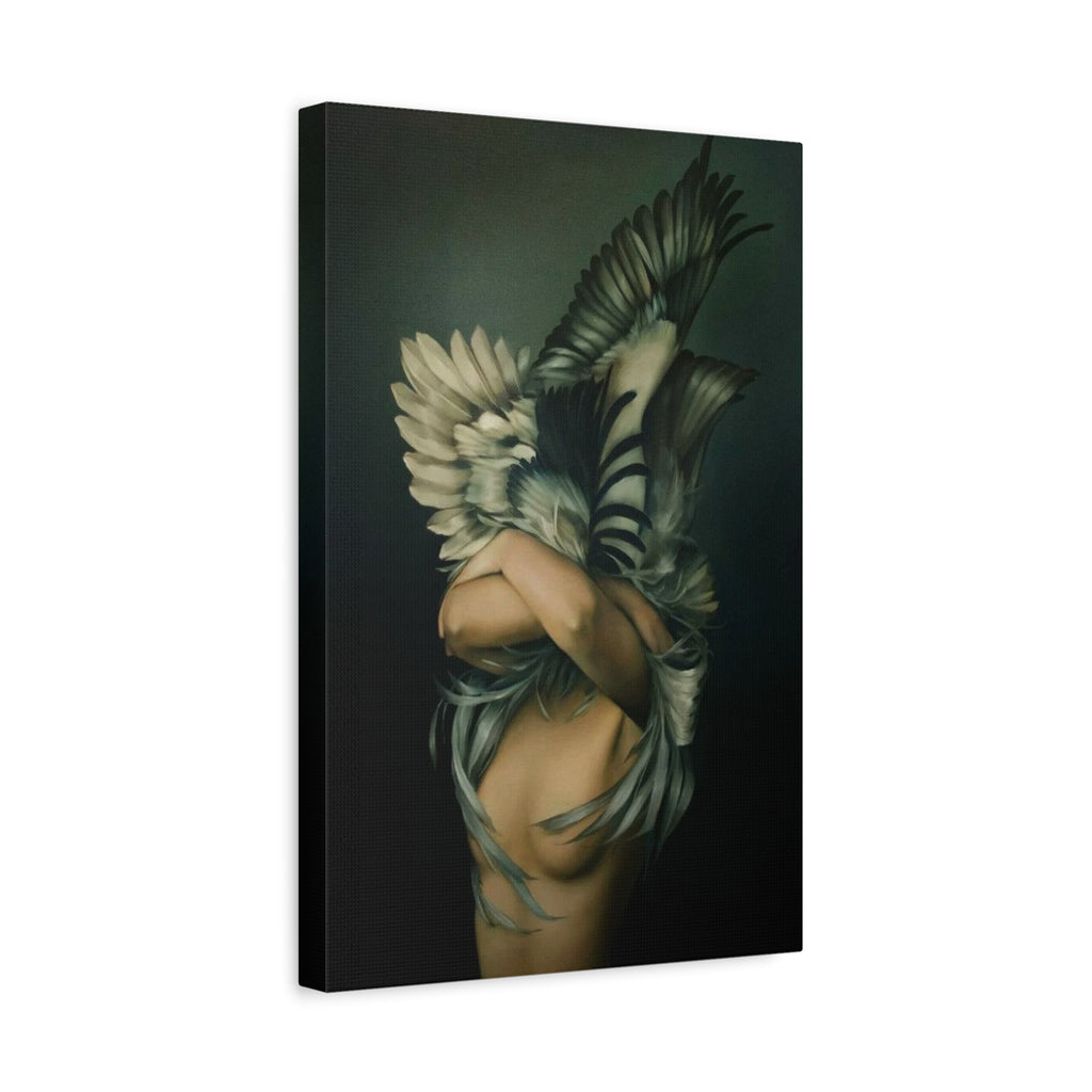Winged Embrace Matte Canvas Wall Art — Surreal Feathered Figure Stretched Print 