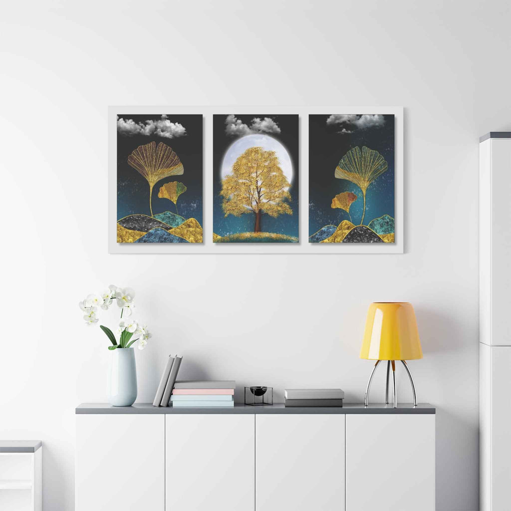 Golden Ginkgo Leaf Triptych Canvas Wall Art – Botanical Wall Decor