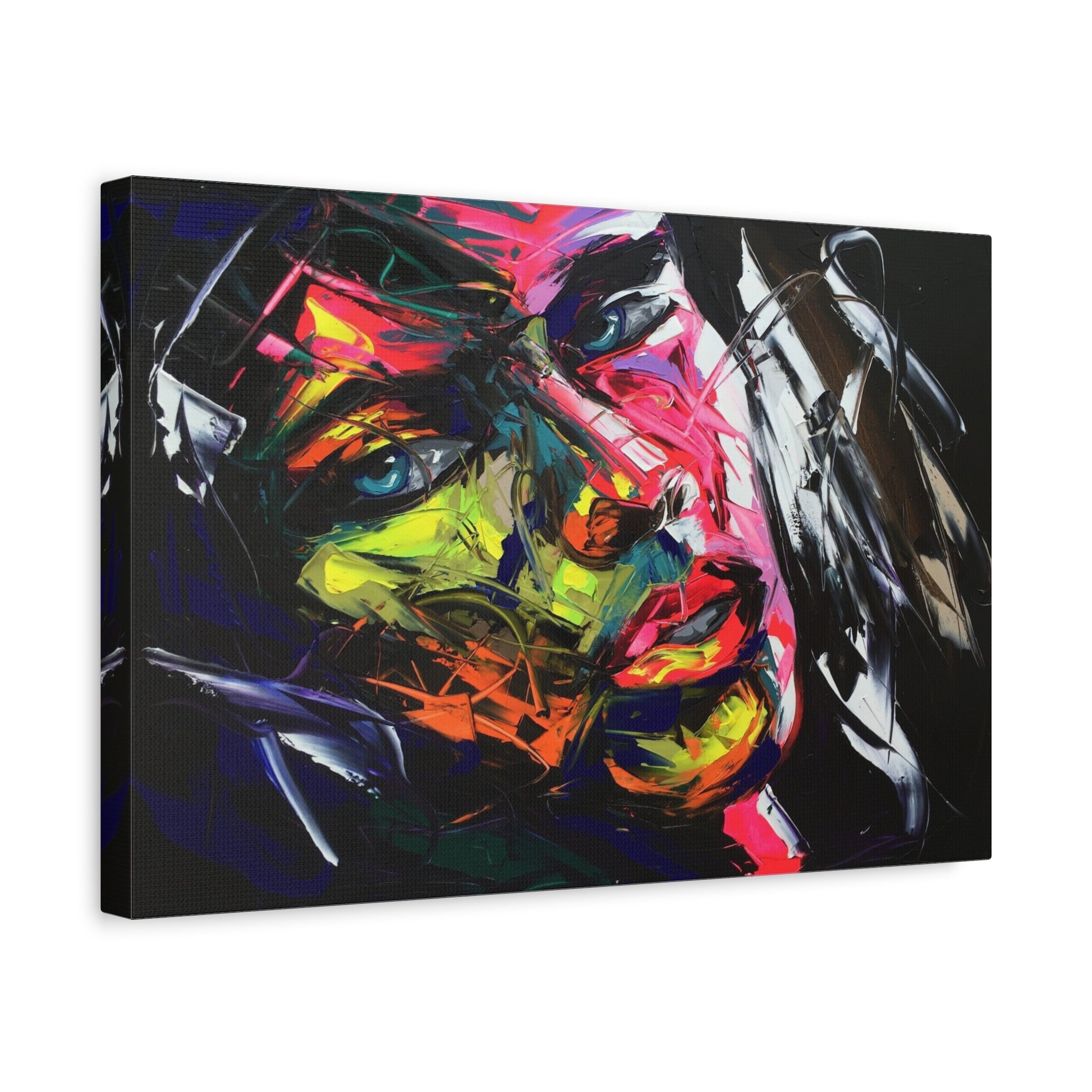 Abstract Neon Portrait Matte Canvas Wall Art — Colorful Woman Face Painting 