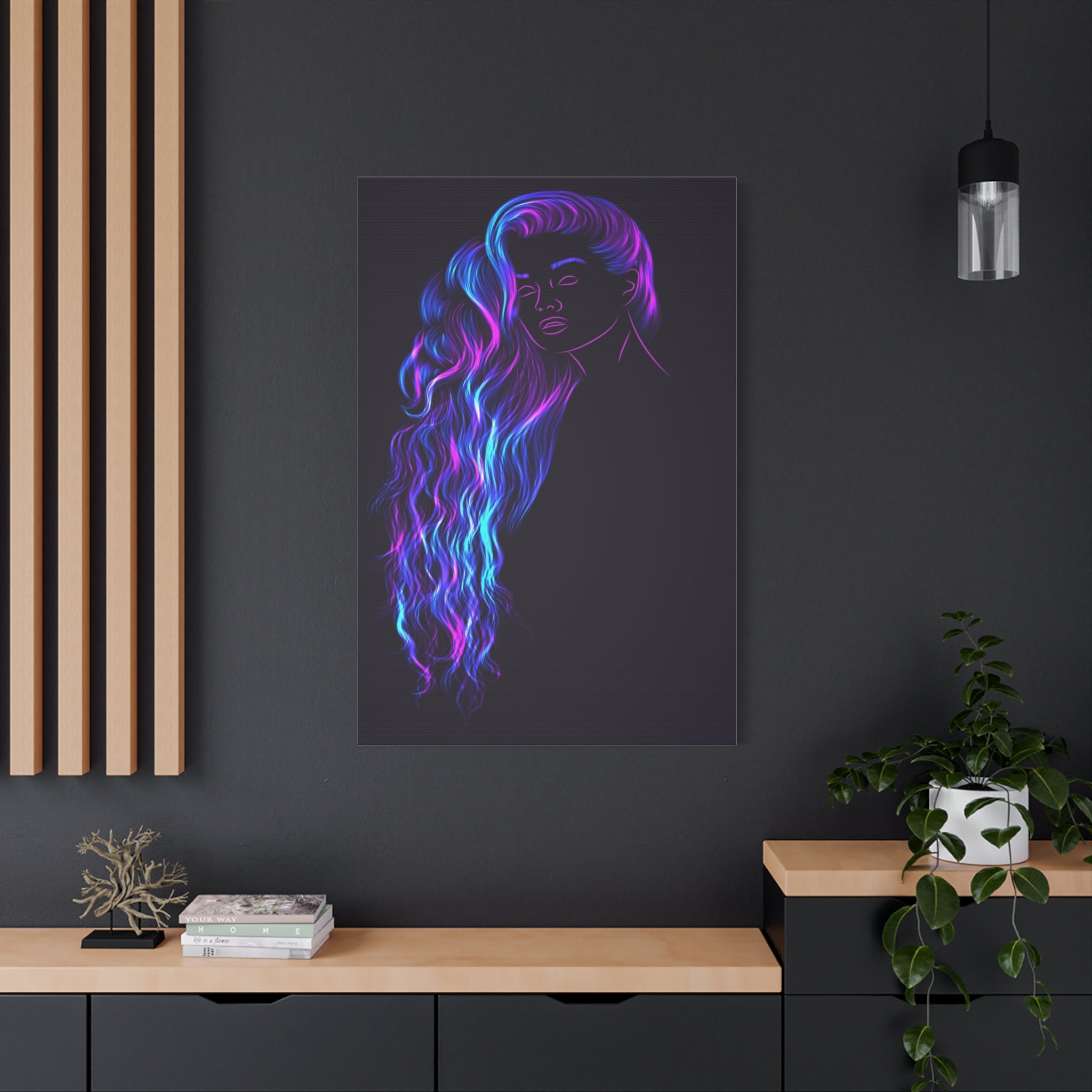 Neon Hair Portrait Canvas – Vibrant Purple & Blue Wall Art 