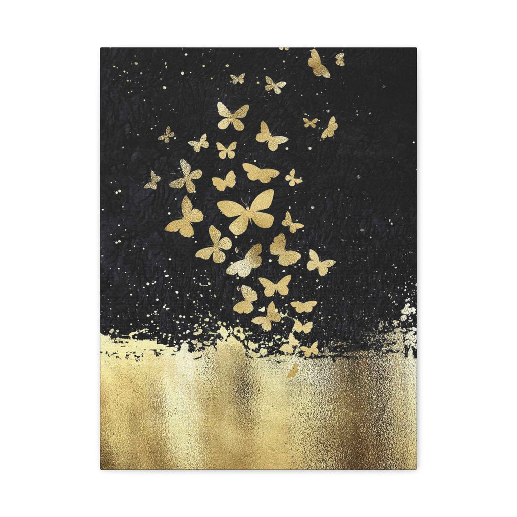 Canvas Art - Gold Butterflies Canvas Art on Black Abstract Matte Stretched Canvas - TheKaraHan