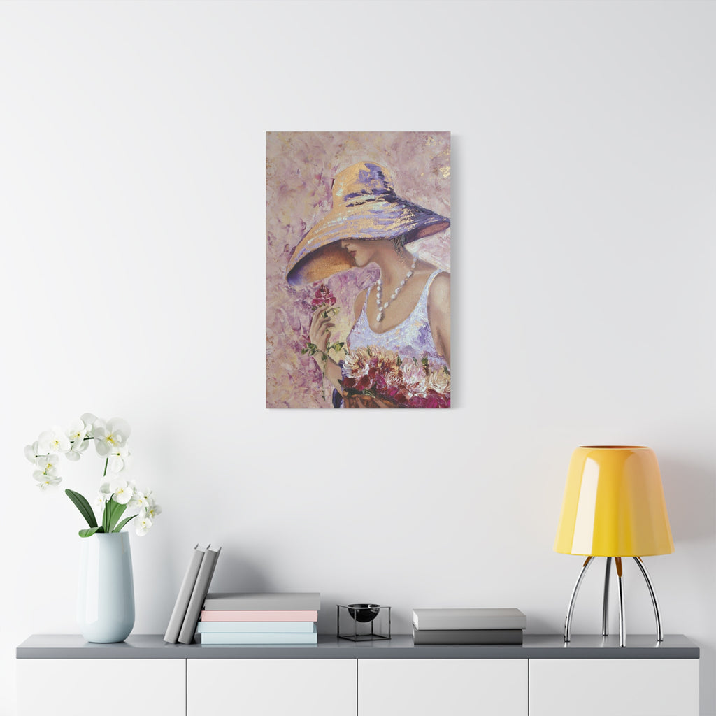 Floral Wall Art - Lady in Wide Brim Hat on Matte Stretched Canvas - TheKaraHan