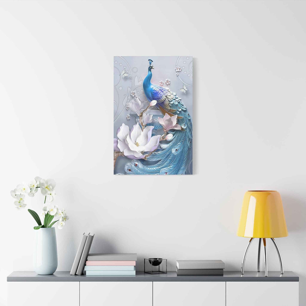 Blue Peacock Canvas Wall Art - Matte Stretched Floral Home Decor - TheKaraHan