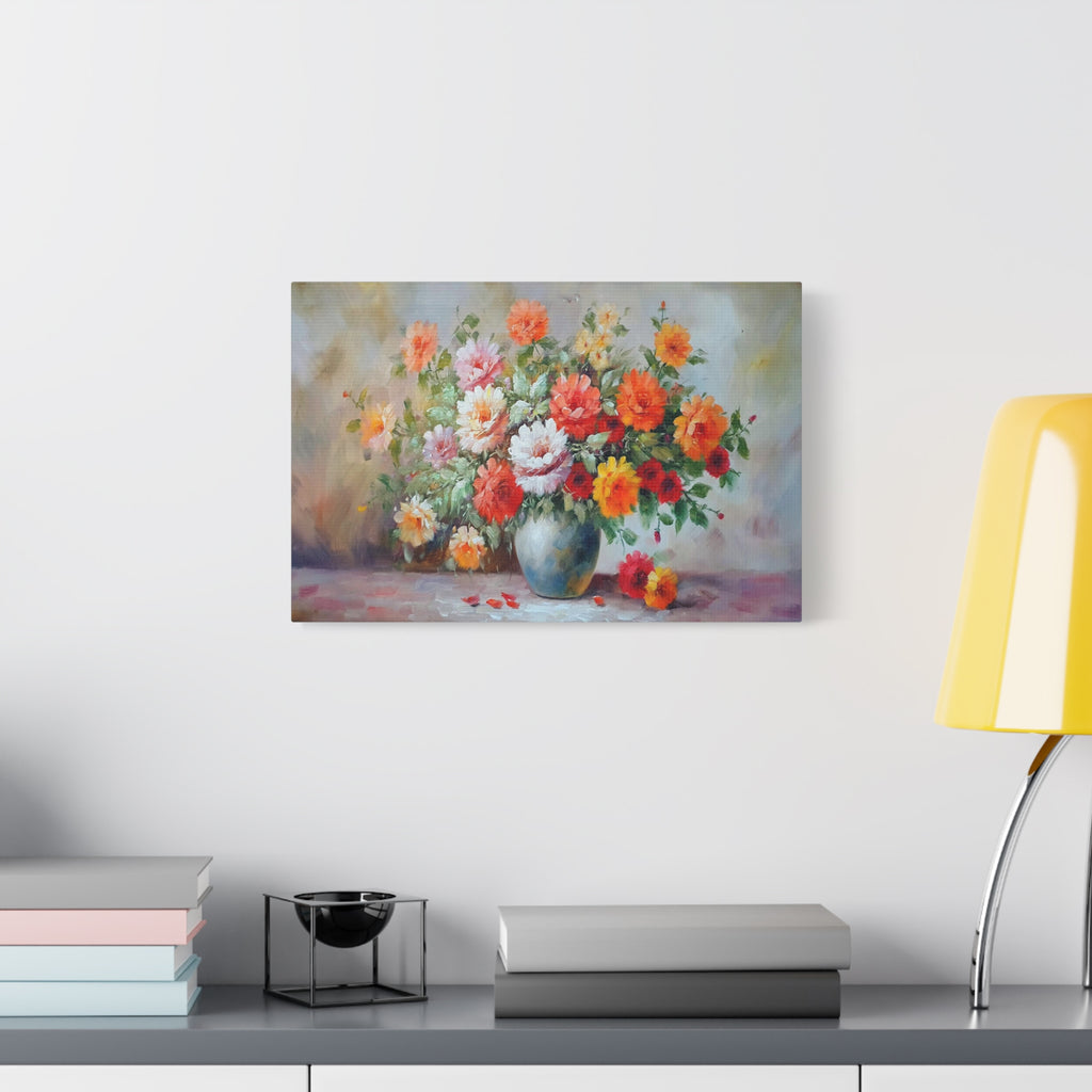 Floral Bouquet Canvas Wall Art – Vibrant Vase of Orange & Pink Flowers, Matte Stretched Print 