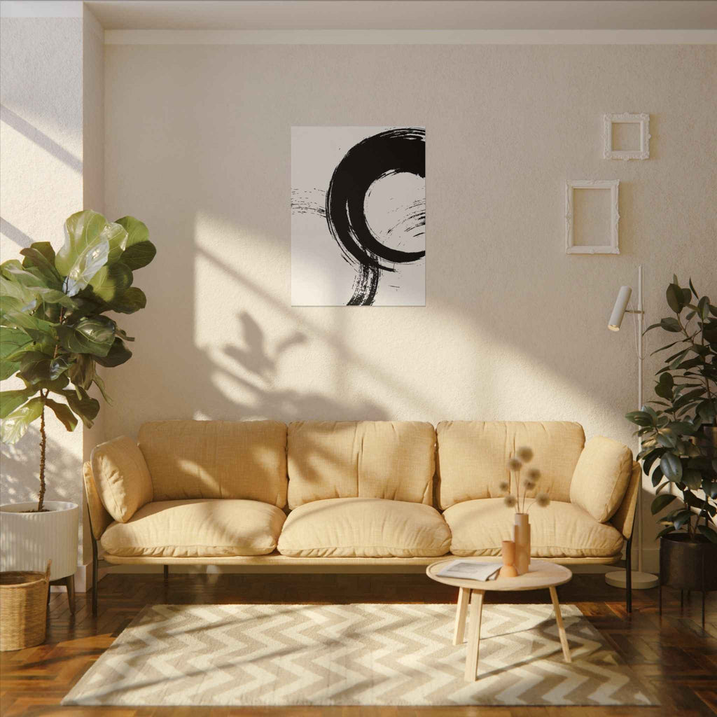 Zen Brushstroke Wall Art - Minimalist Black Circle Abstract Canvas Decor - TheKaraHan