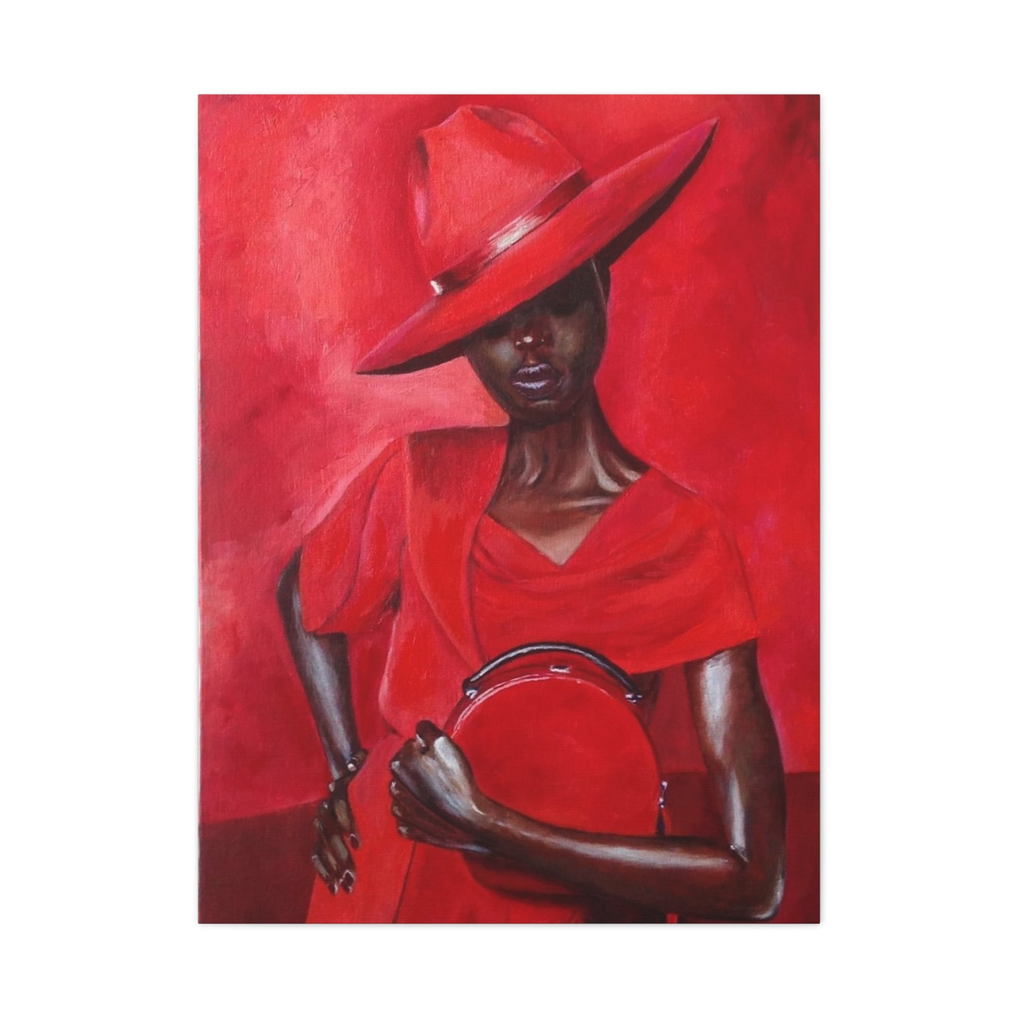 Elegant Red Hat Lady Canvas Print — Fashion Portrait Matte Stretched Wall Art 