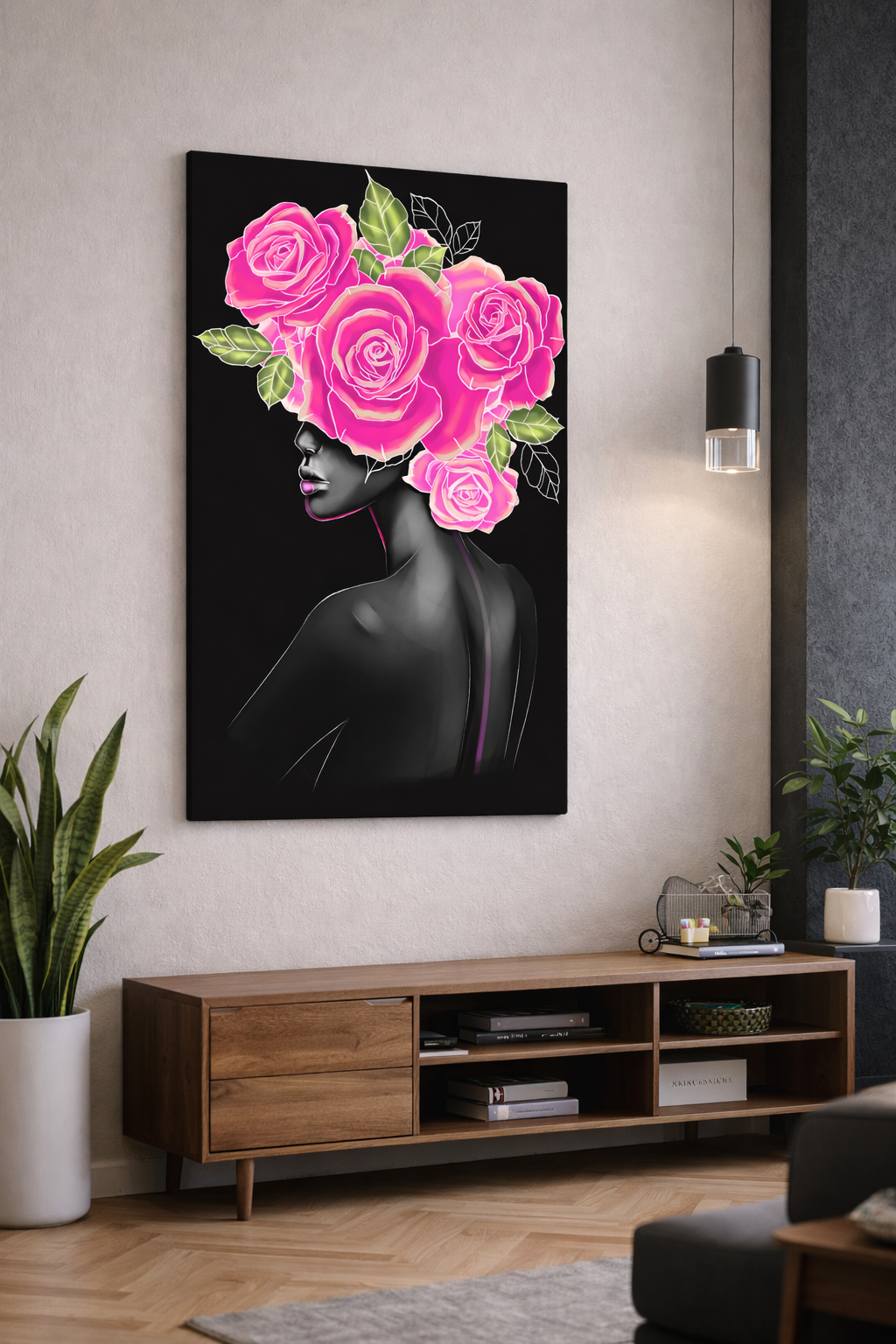 Pink Floral Woman Canvas Wall Art – Abstract Female Portrait