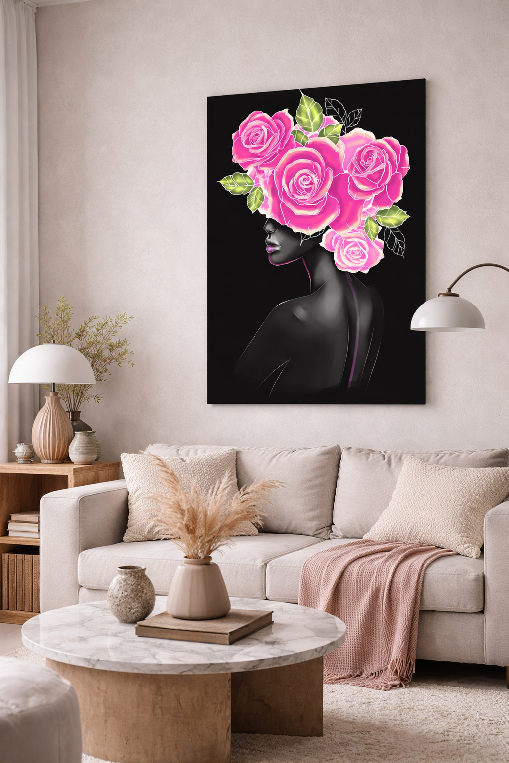 Pink Floral Woman Canvas Wall Art – Abstract Female Portrait