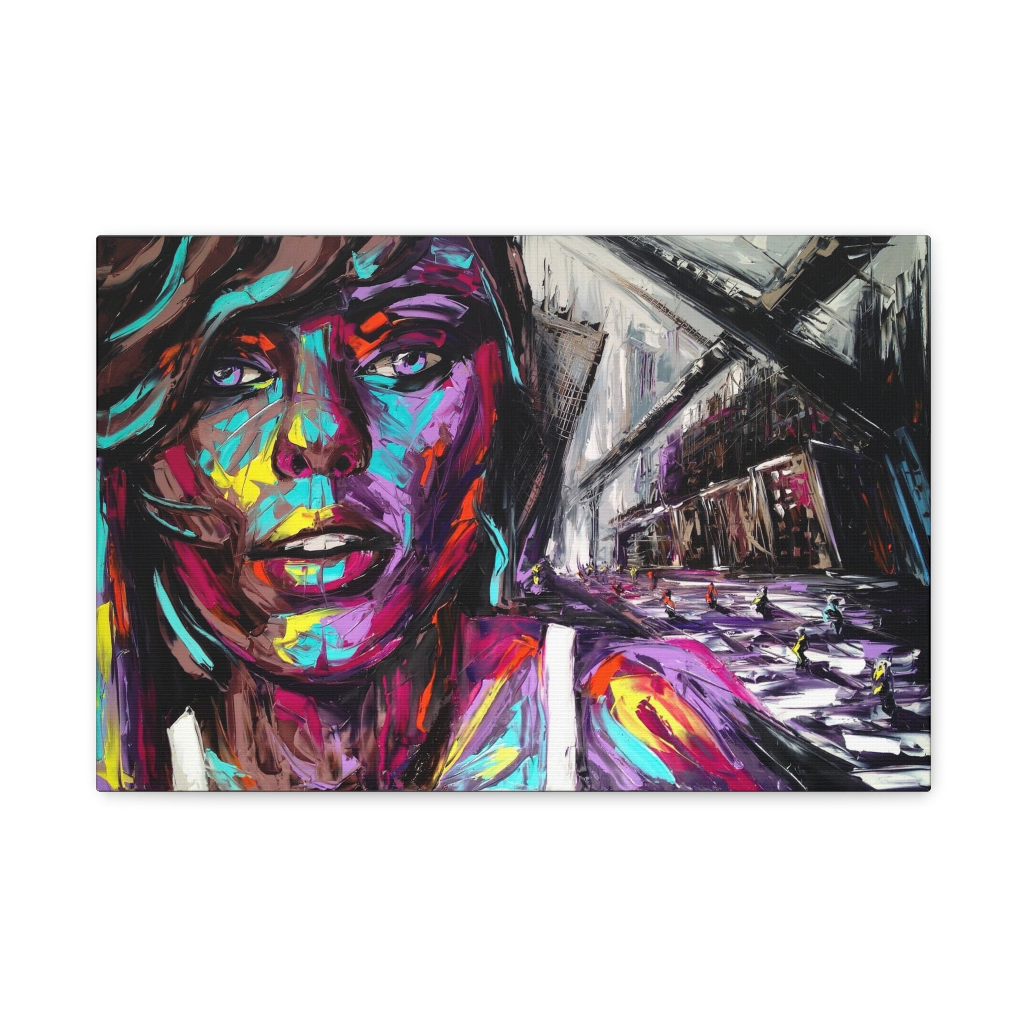 Colorful Woman Portrait Canvas Print — Vibrant Abstract Urban Art 