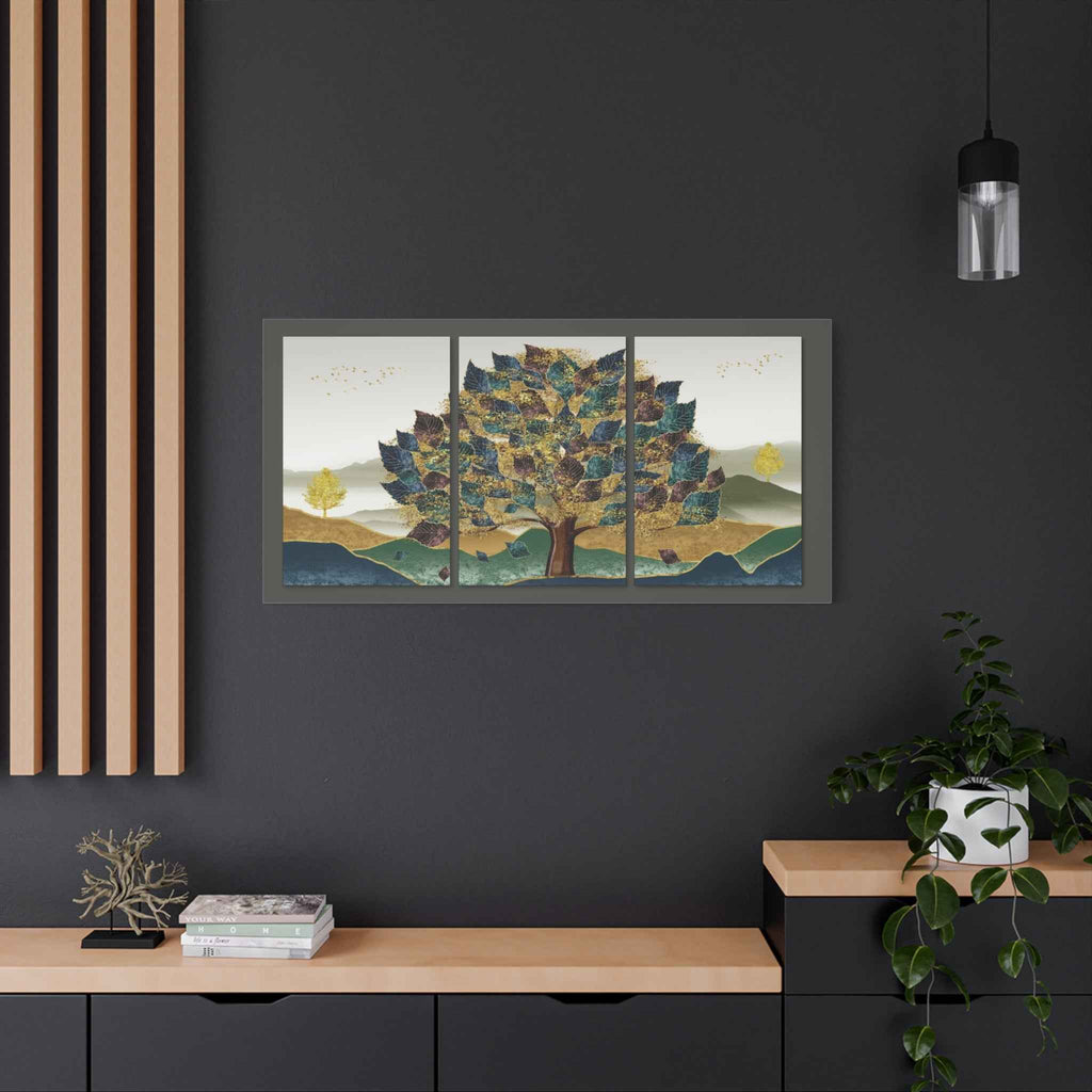 Golden Tree Canvas Wall Art – Abstract Landscape Triptych