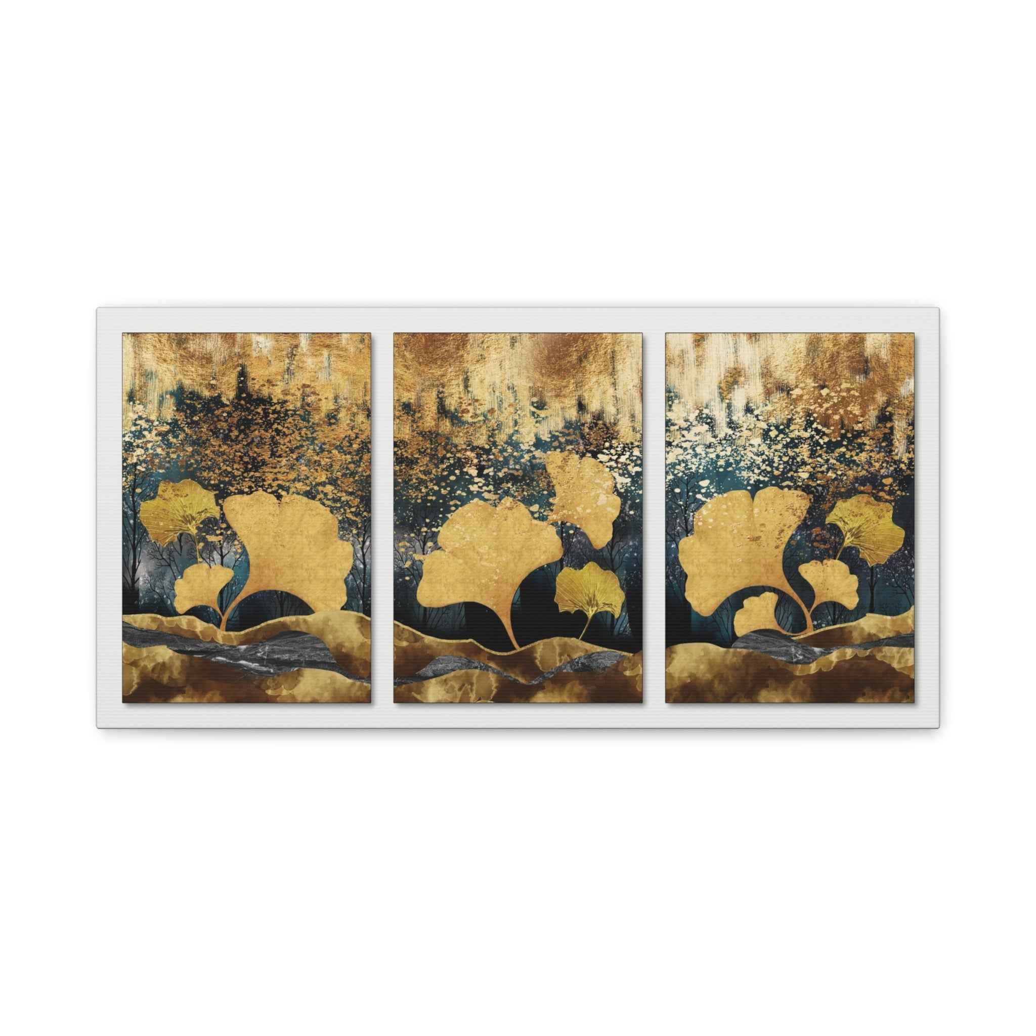 Golden Ginkgo Leaf Abstract Canvas Wall Art – Luxury Botanical Decor