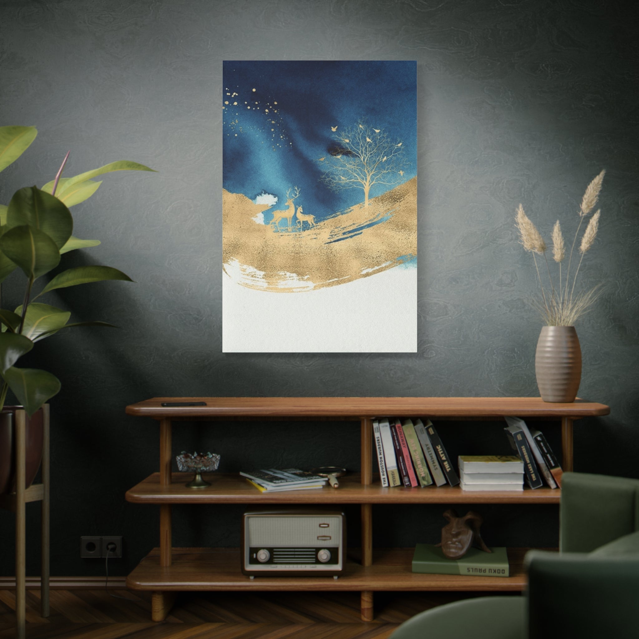 Gold & Navy Deer Landscape Canvas Art — Matte Stretched Wall Decor 