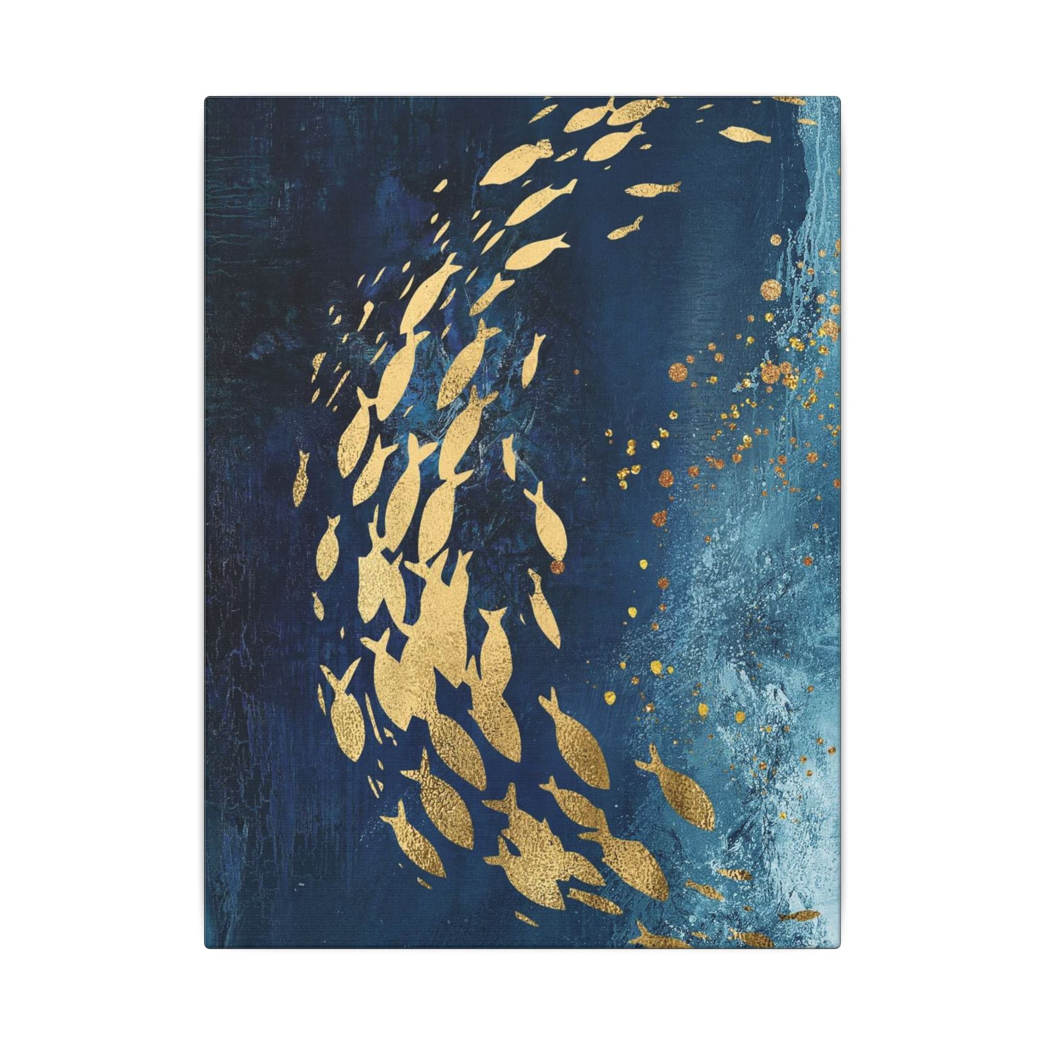 Abstract Gold Fish Canvas — Navy Ocean Wall Art (Matte Stretched) 