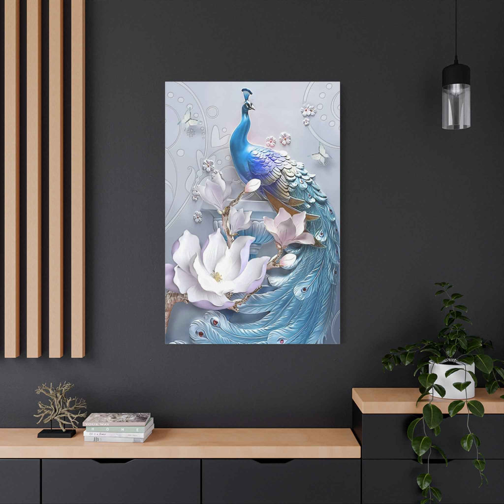 Blue Peacock Canvas Wall Art - Matte Stretched Floral Home Decor - TheKaraHan