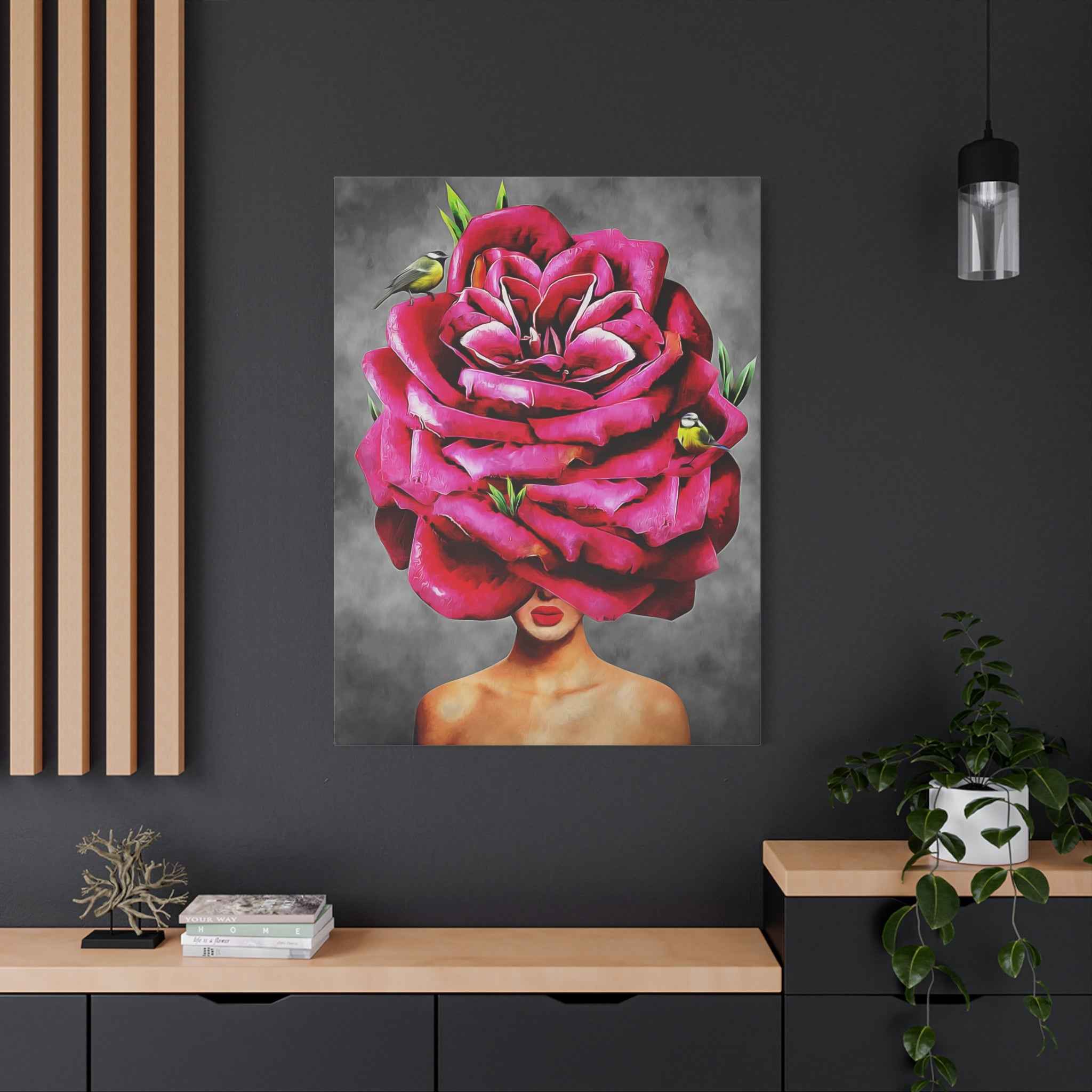 Surreal Rose Woman Canvas Wall Art – Floral Portrait Modern Abstract Wall Decor