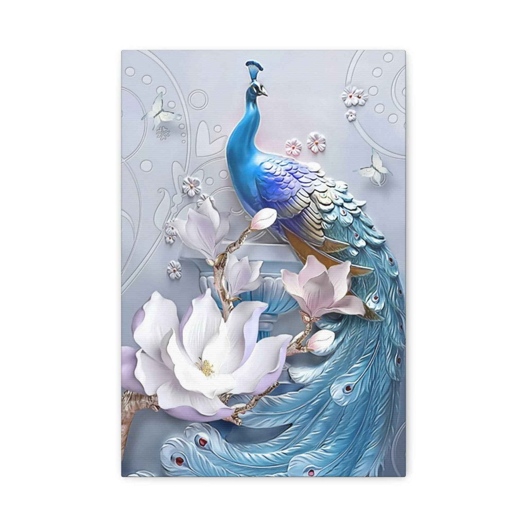 Blue Peacock Canvas Wall Art - Matte Stretched Floral Home Decor - TheKaraHan