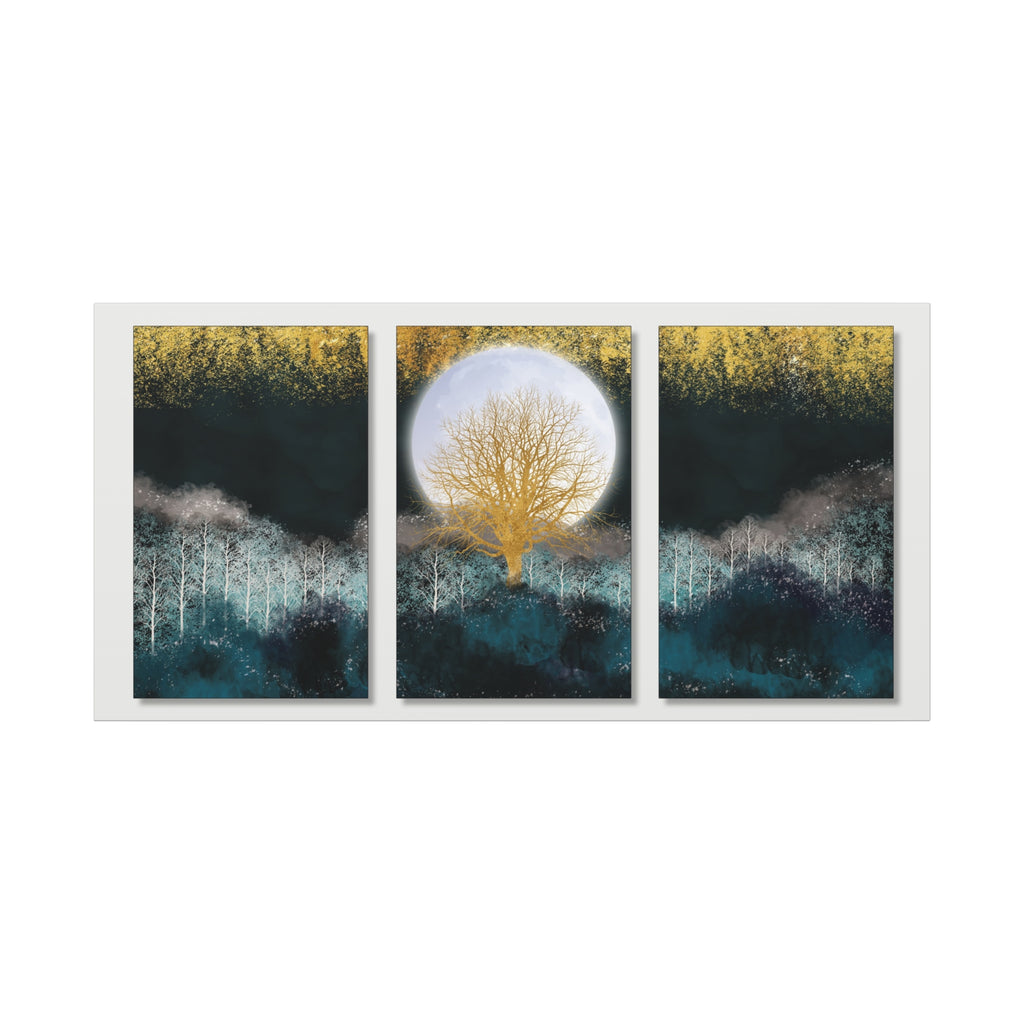 Golden Moon Tree Canvas Print Triptych Artwork - TheKaraHan