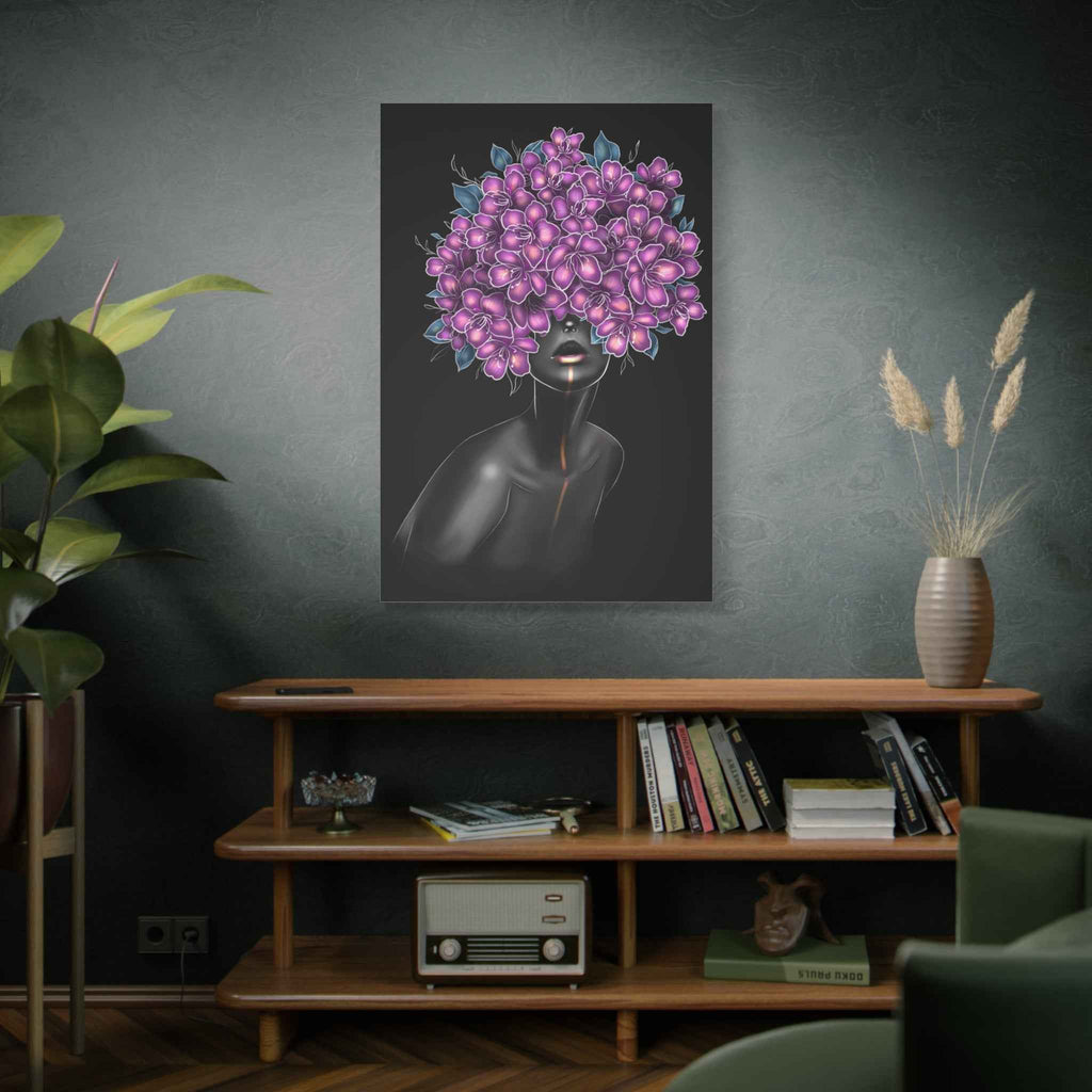 Purple Floral Woman Wall Art, Abstract Black Woman Portrait