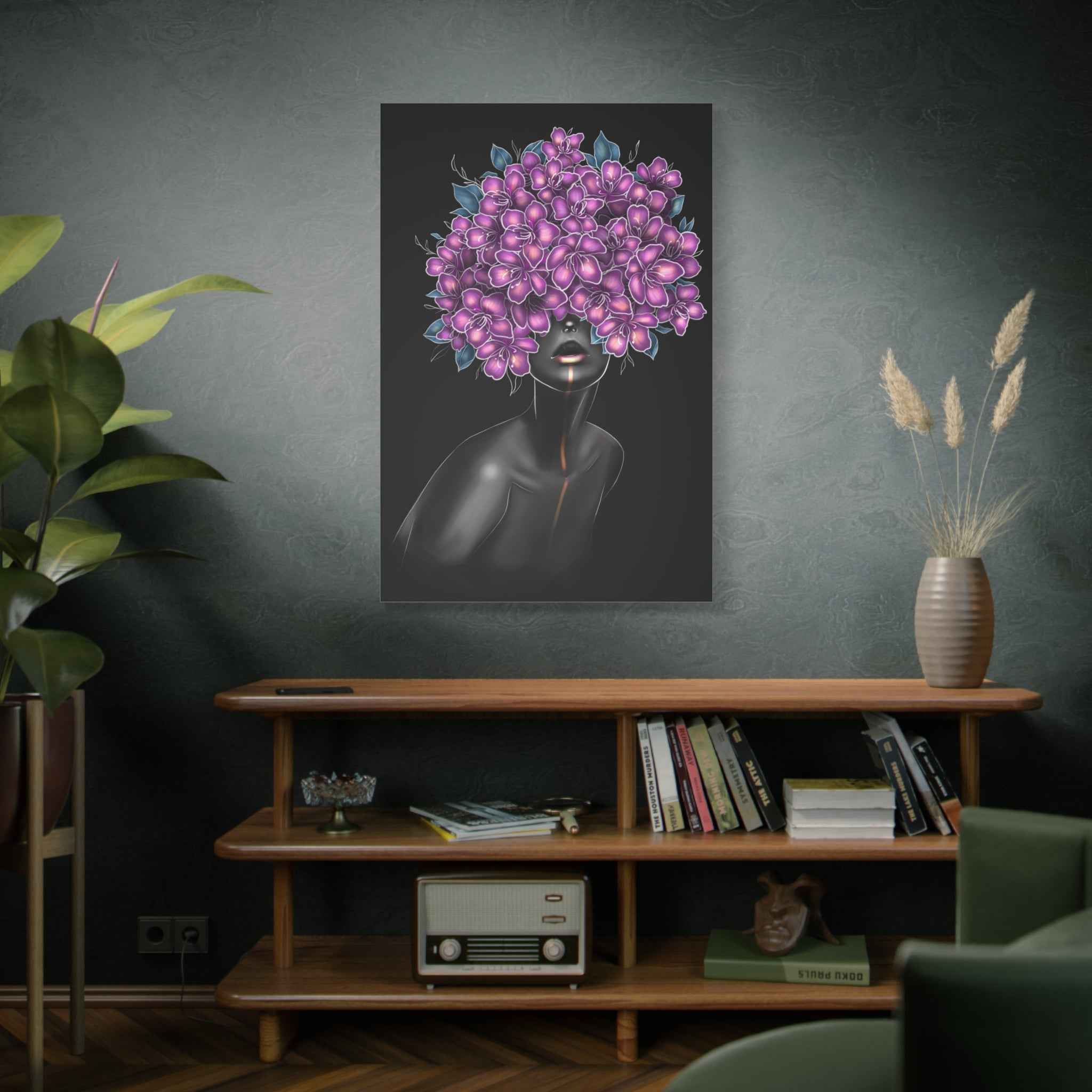 Purple Floral Woman Wall Art, Abstract Black Woman Portrait