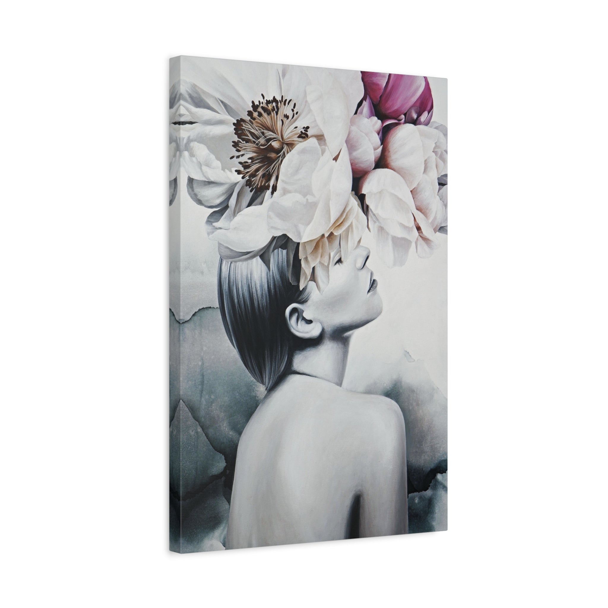 Floral Dreamscape Matte Canvas Print — Elegant Woman with Peonies Wall Art 
