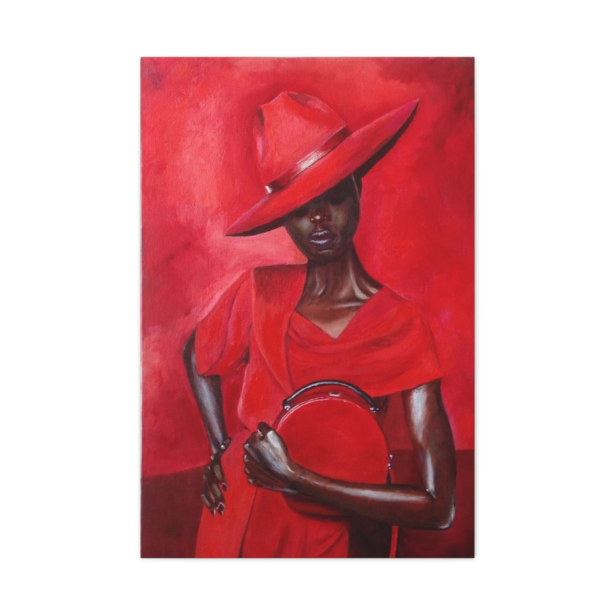 Elegant Red Hat Lady Canvas Print — Fashion Portrait Matte Stretched Wall Art 