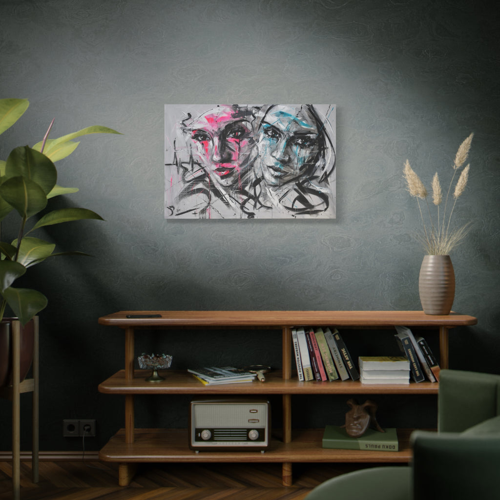 Abstract Duo Faces Matte Canvas Print — Contemporary Pink & Teal Portrait Wall Art 
