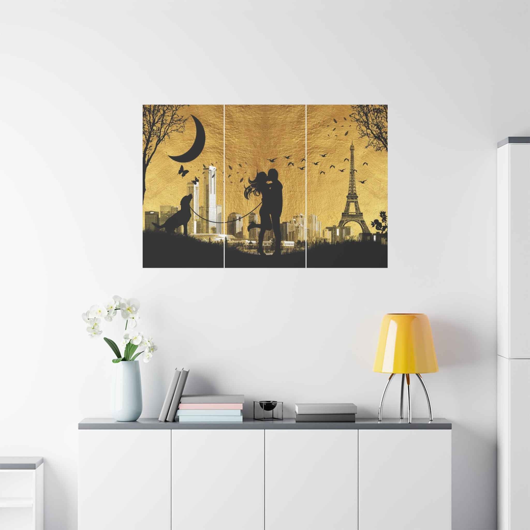 Romantic Paris Wall Art - Couple Triptych Canvas with Eiffel Tower Decor