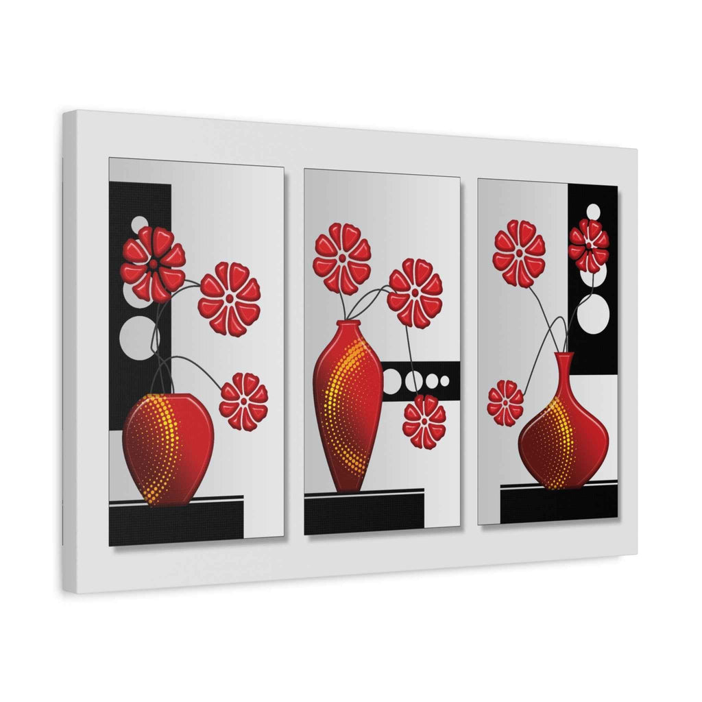 Modern Red Flower Vase Triptych Canvas Wall Art – Floral Wall Decor