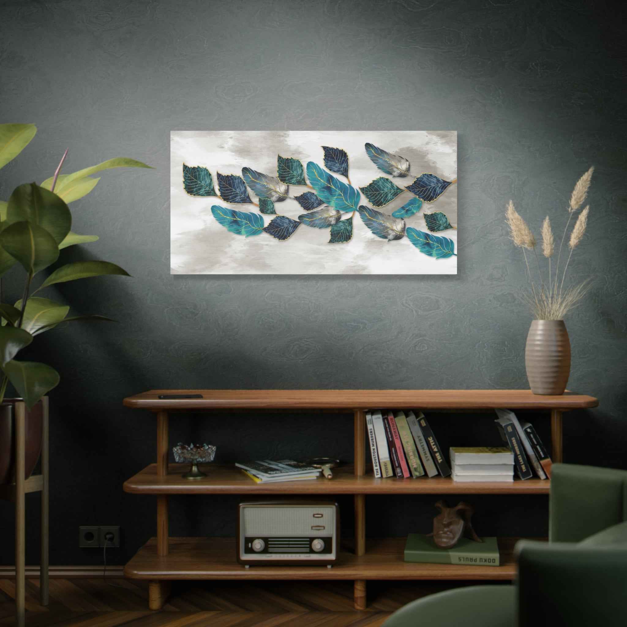 Teal Botanical Leaf Wall Art Canvas – Modern Blue & Gold Nature Abstract Decor