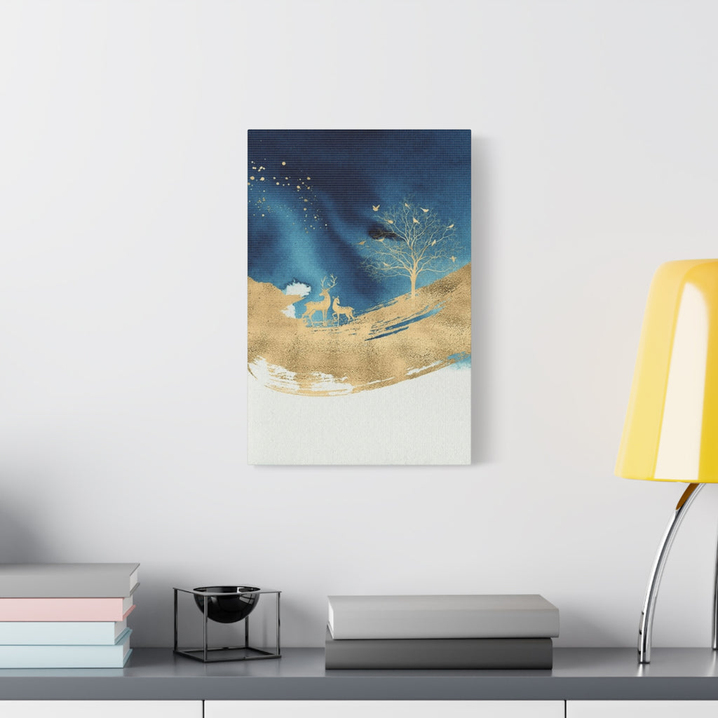 Gold & Navy Deer Landscape Canvas Art — Matte Stretched Wall Decor 