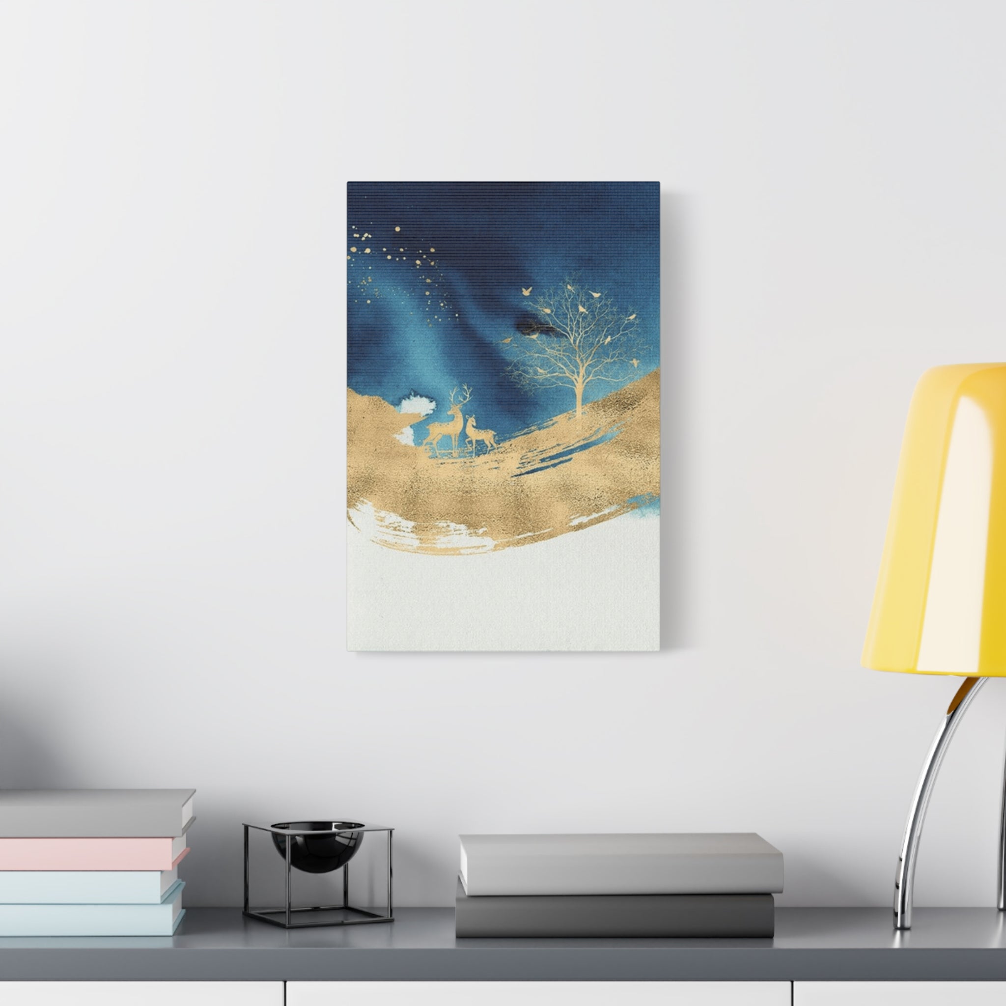 Gold & Navy Deer Landscape Canvas Art — Matte Stretched Wall Decor 