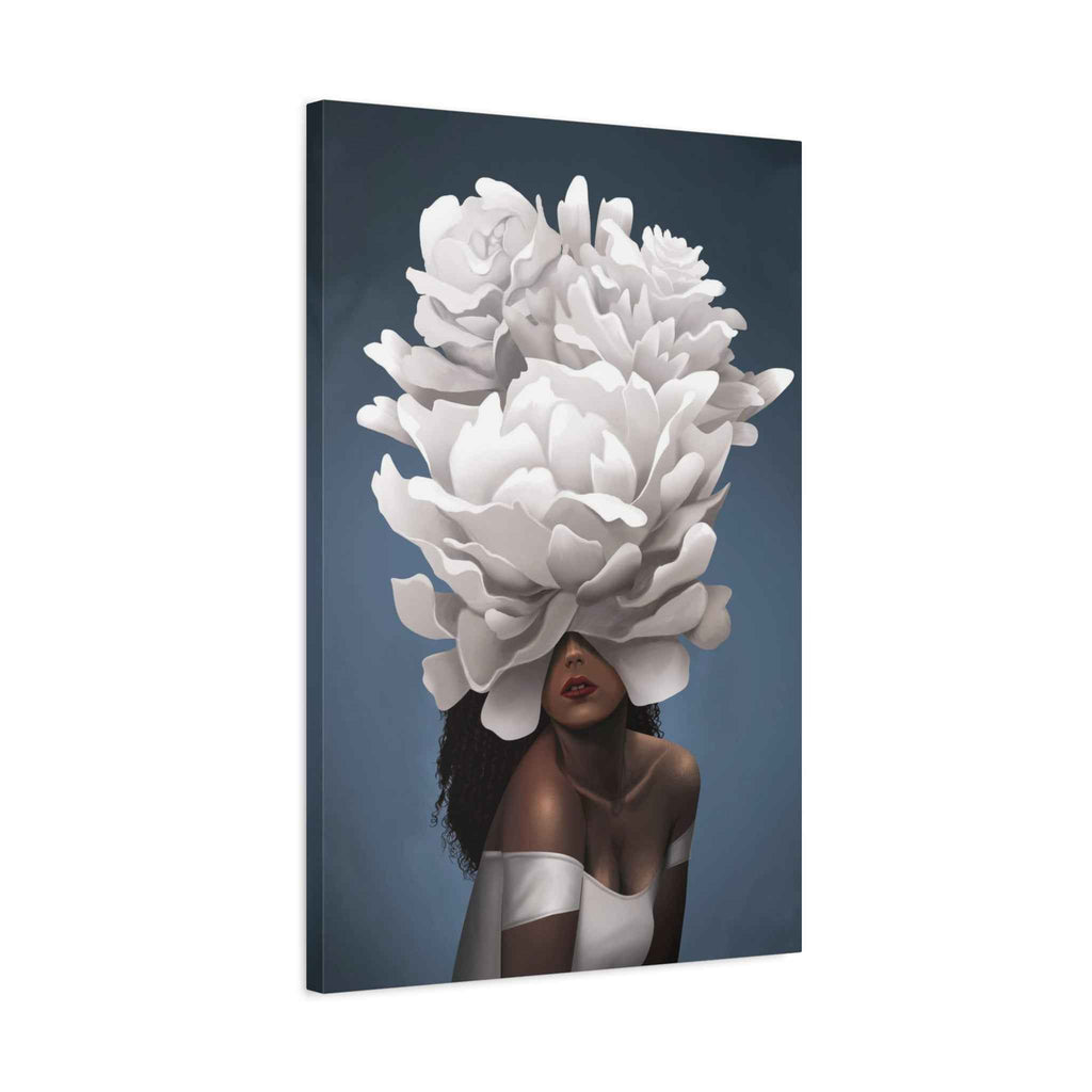 Floral Veil Canvas Wall Art — Elegant Woman with Oversized White Peony - TheKaraHan