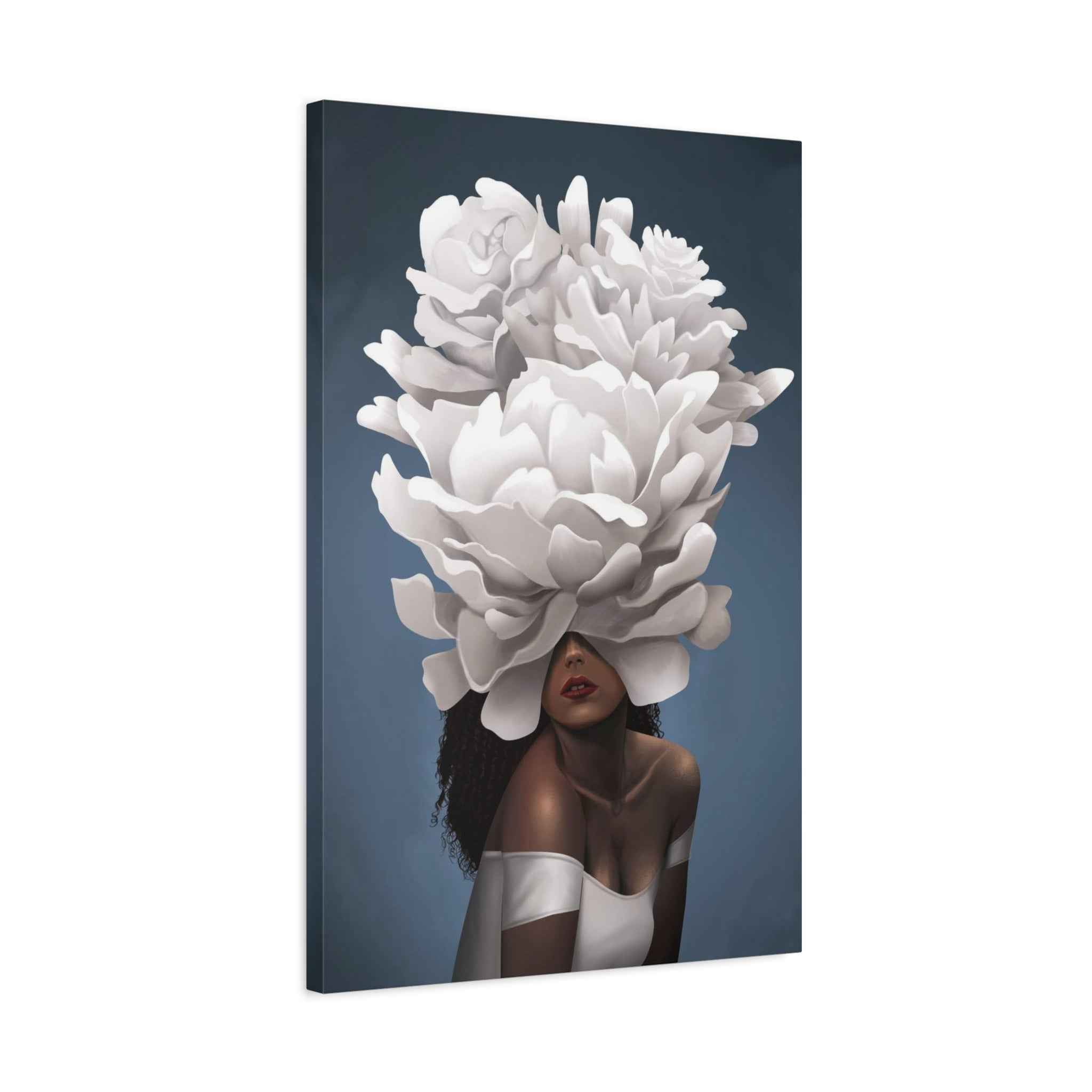 Floral Veil Canvas Wall Art — Elegant Woman with Oversized White Peony - TheKaraHan