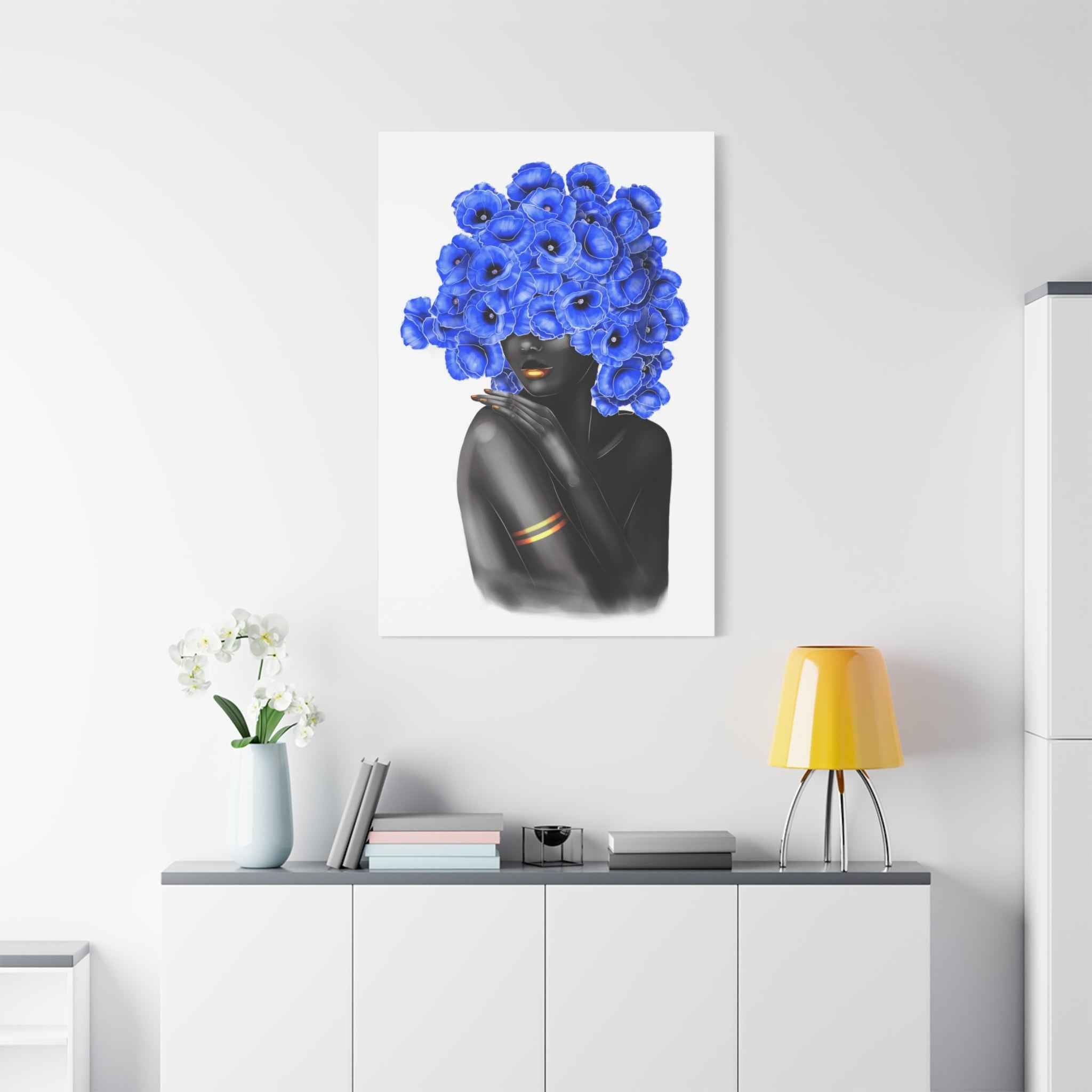 Blue Floral Woman Wall Art, Abstract Black Woman