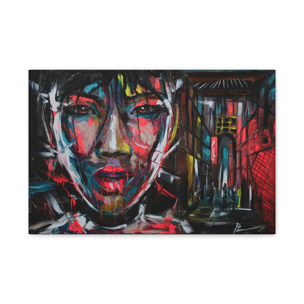 Abstract Neon Portrait Canvas — Urban Asian Street Art Matte Stretched Wall Art 